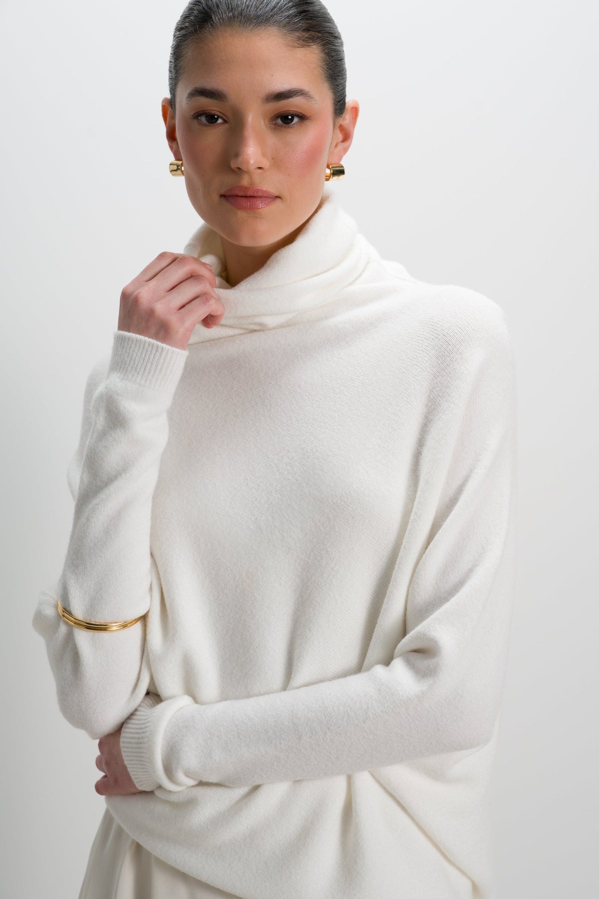 Women's Ivory Roll Neck Top, Asymmetrical Draped Seamless Knit