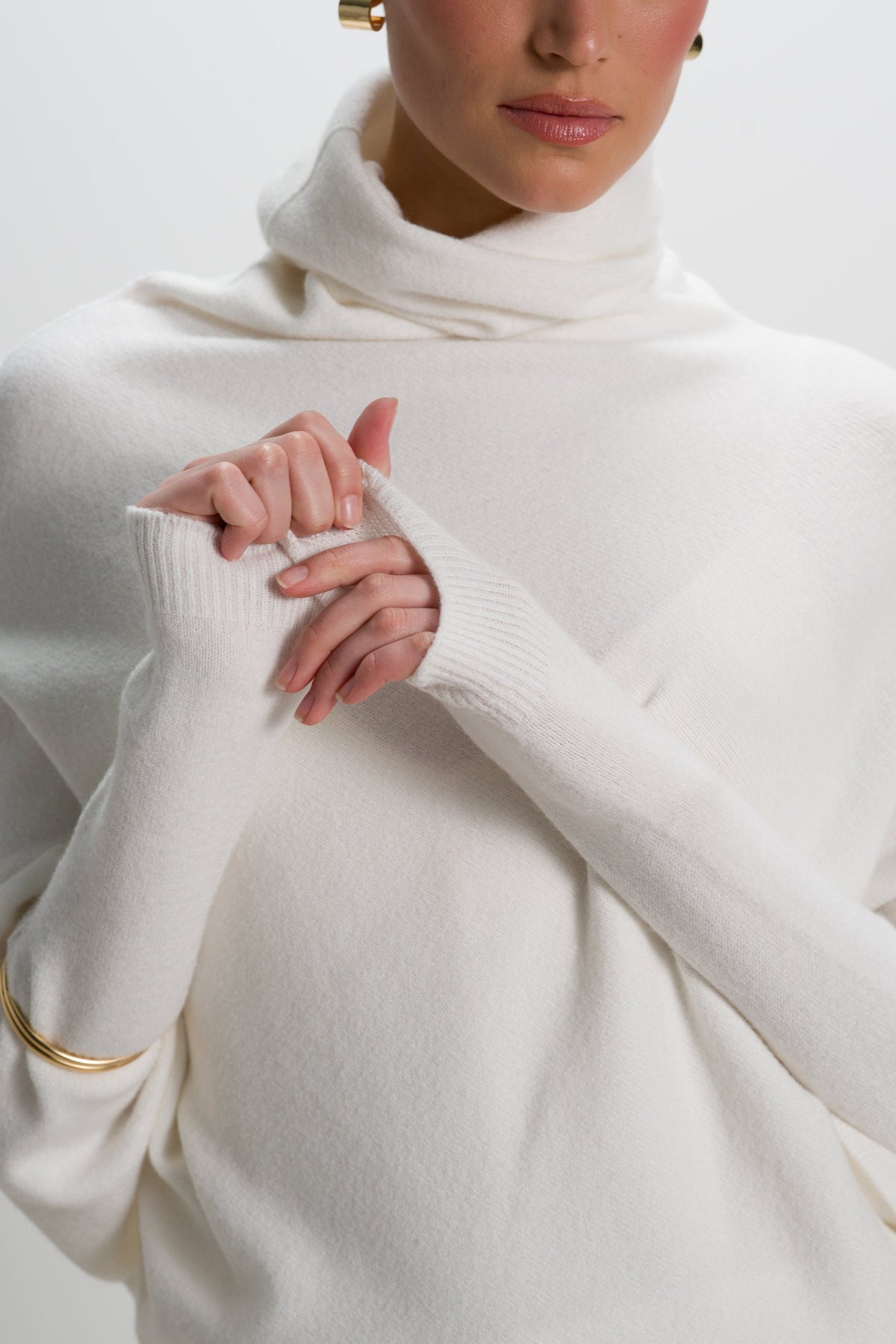 Women's Ivory Roll Neck Top, Asymmetrical Draped Seamless Knit