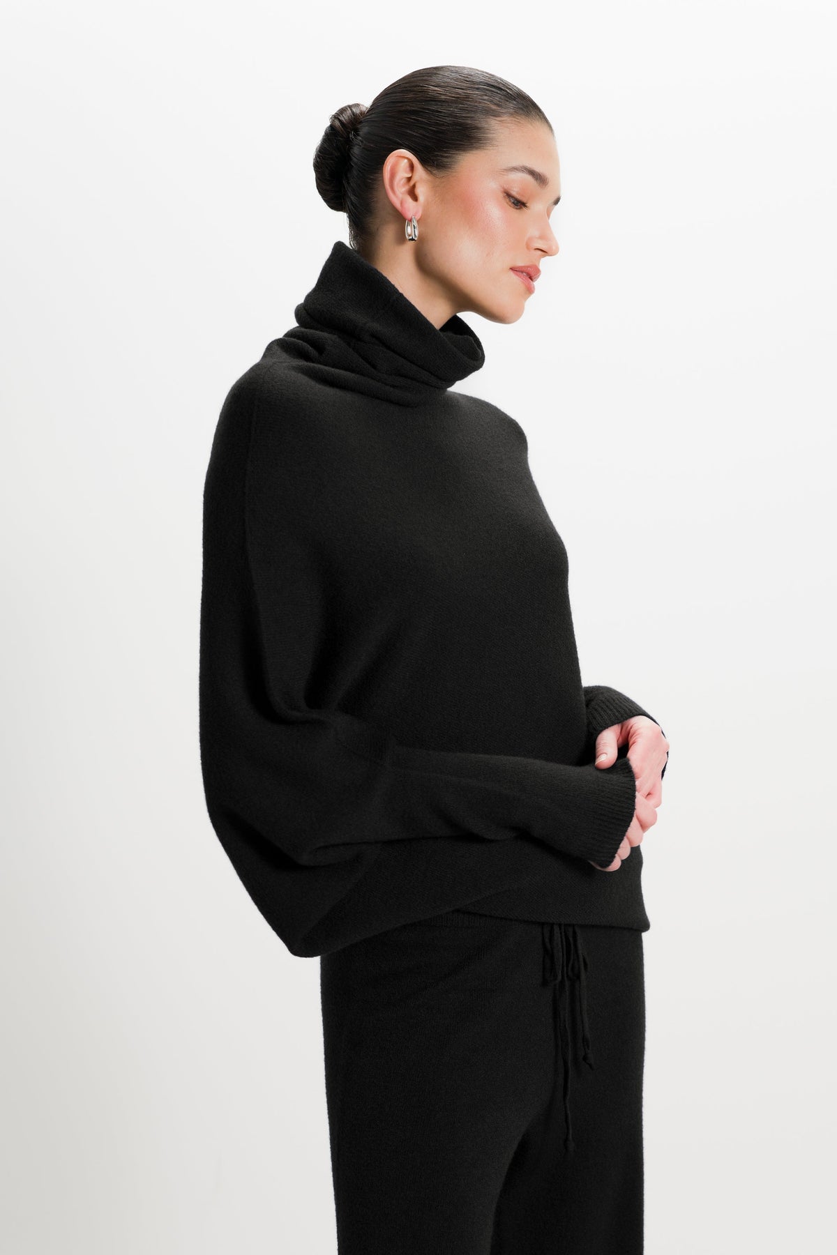 Women's Black Roll Neck Top, Asymmetrical Draped Seamless Knit