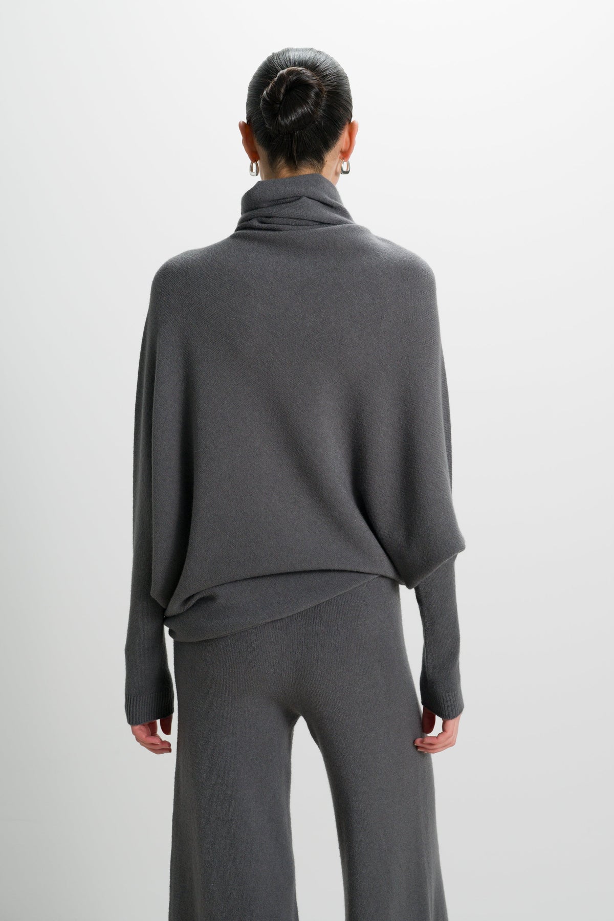 Women's Charcoal Asymmetric Draped Roll-Neck Knit Top