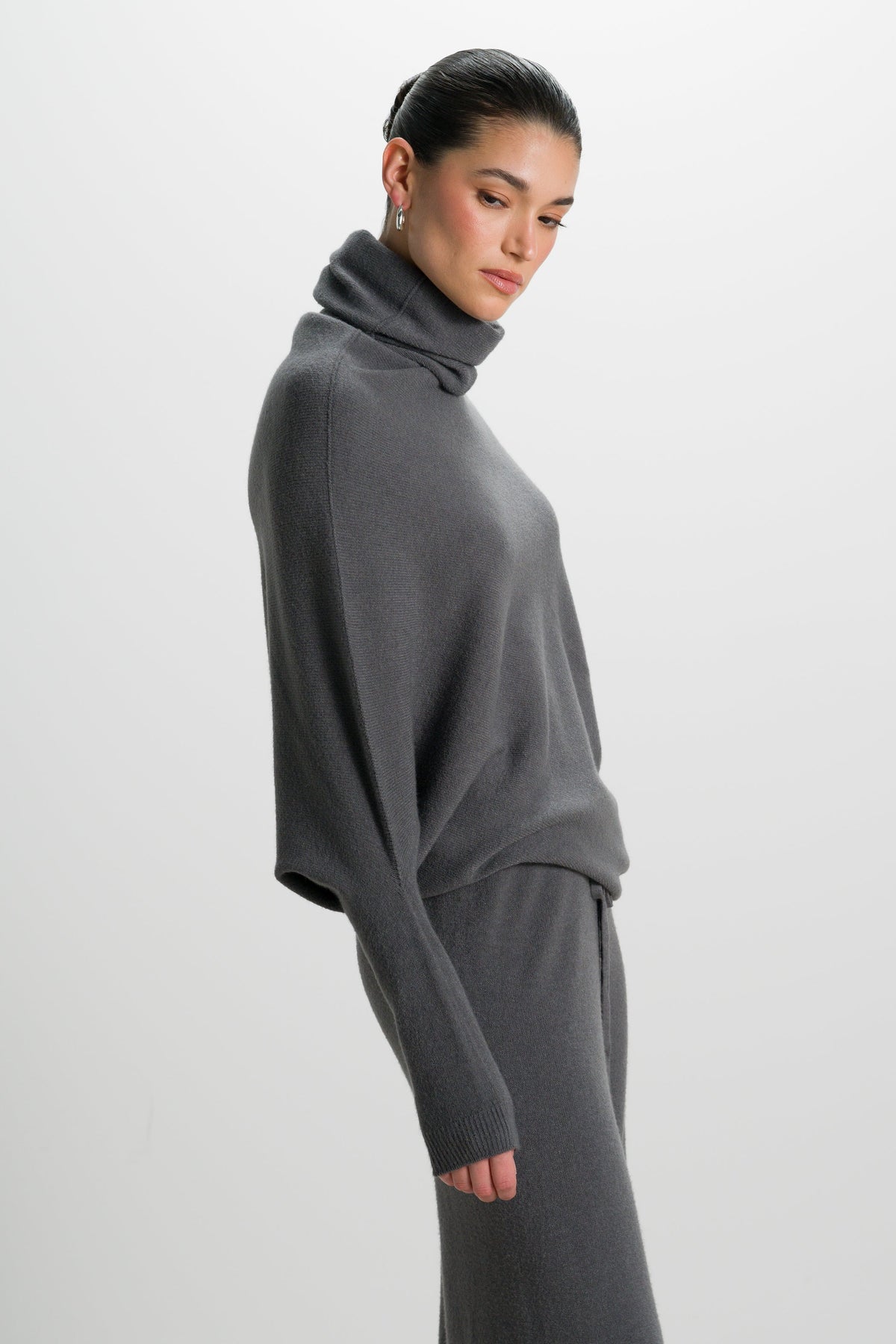 Women's Charcoal Asymmetric Draped Roll-Neck Knit Top