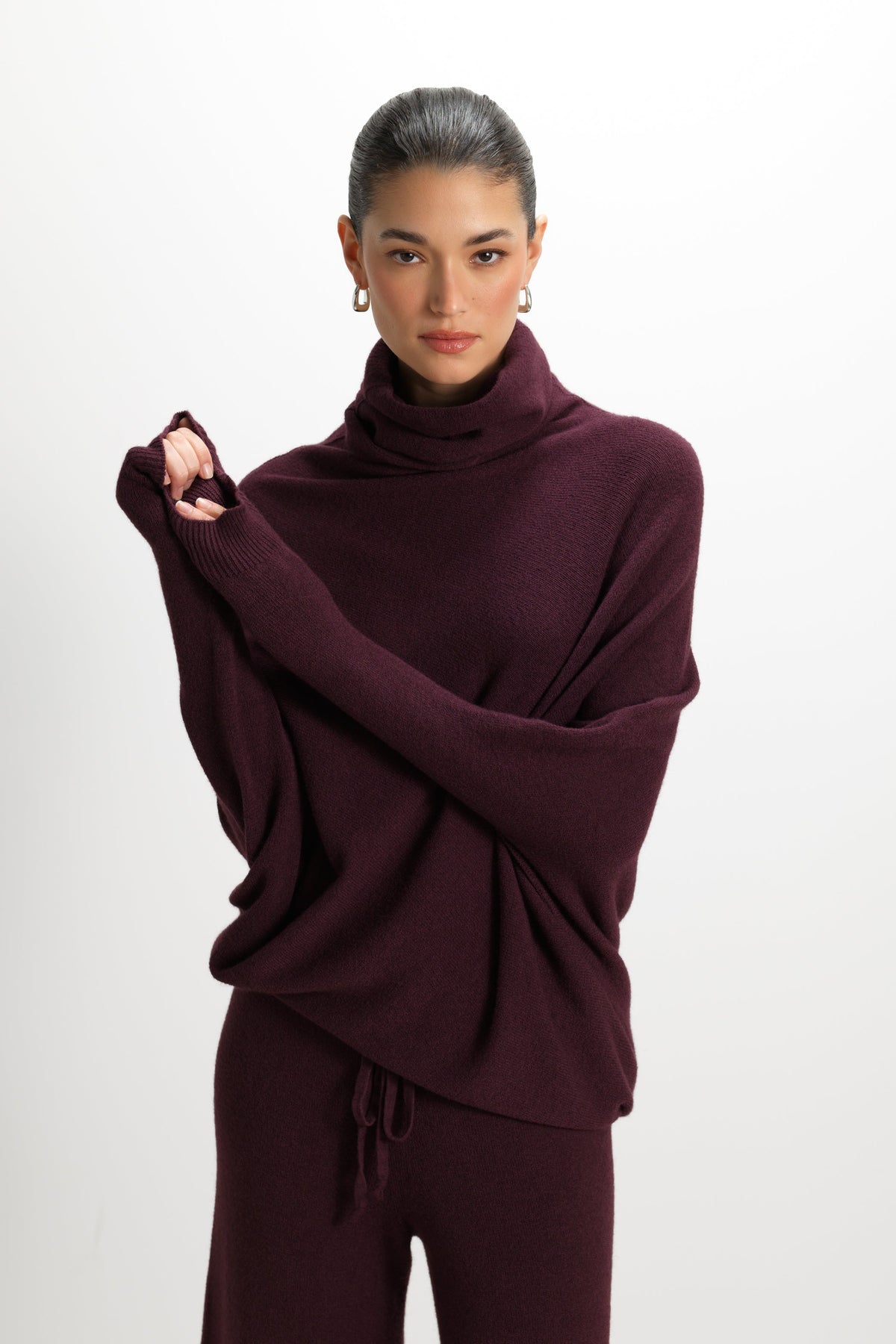 Women's Amethyst Plum Asymmetric Draped Roll-Neck Knit Top