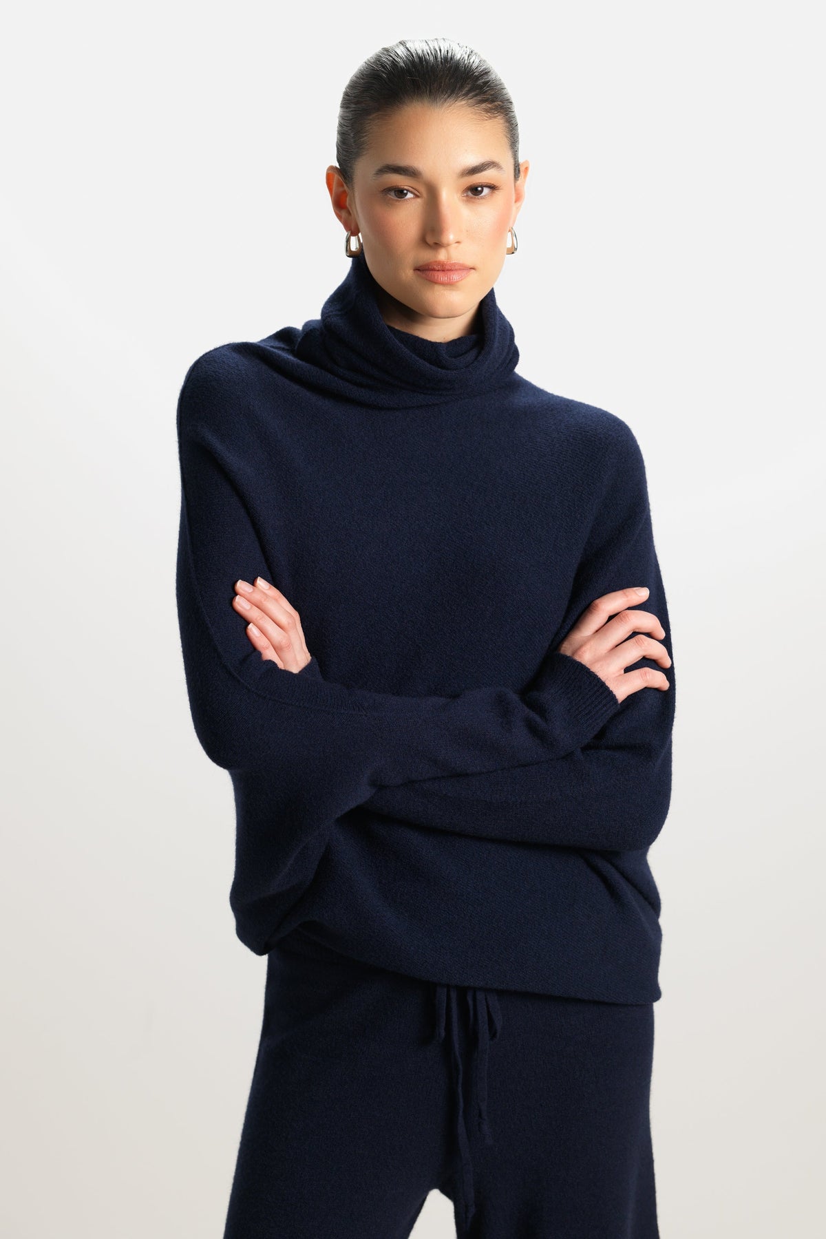 Women's Navy Roll Neck Top, Asymmetrical Draped Seamless Knit