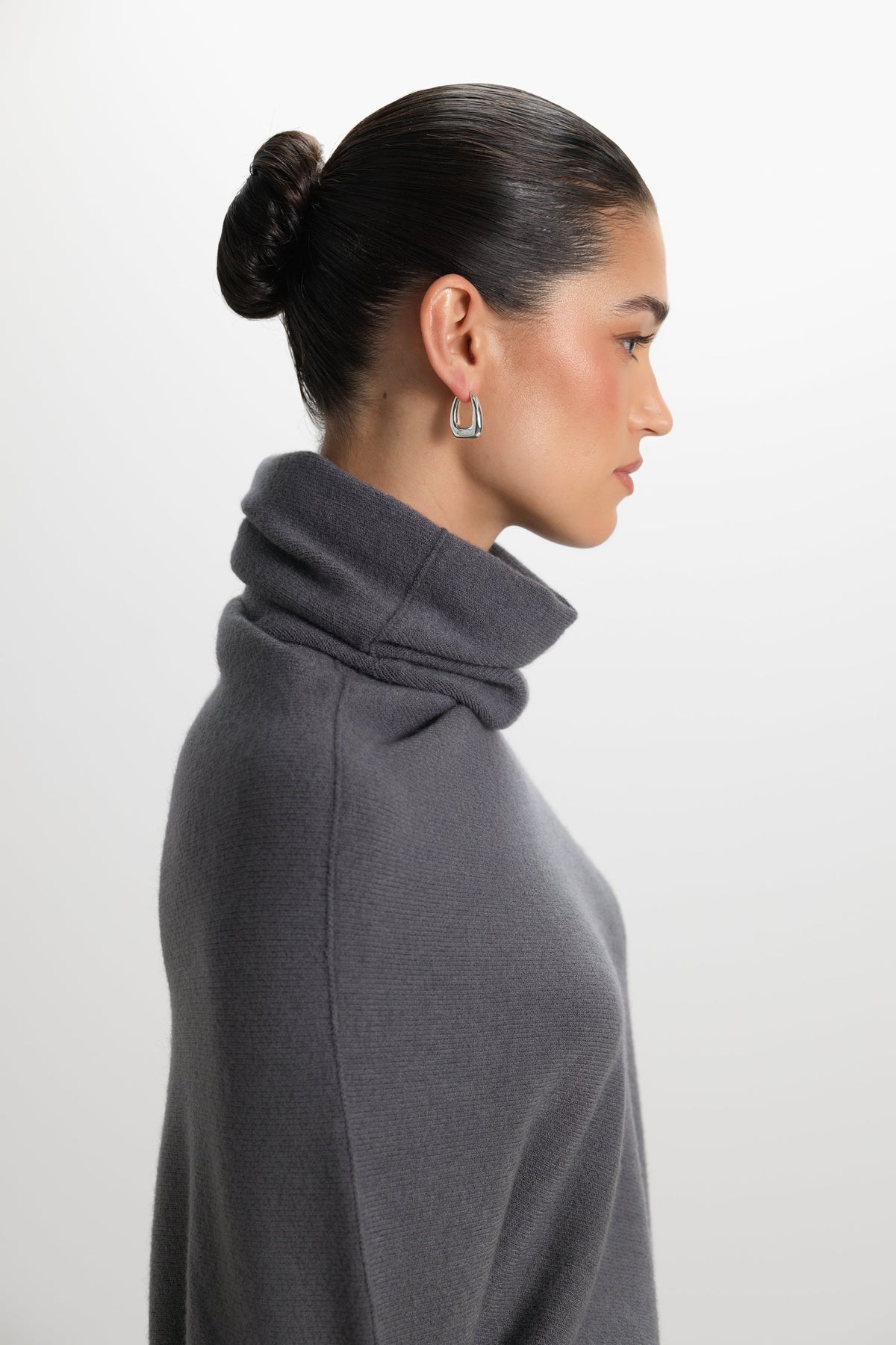 Women's Charcoal Asymmetric Draped Roll-Neck Knit Top