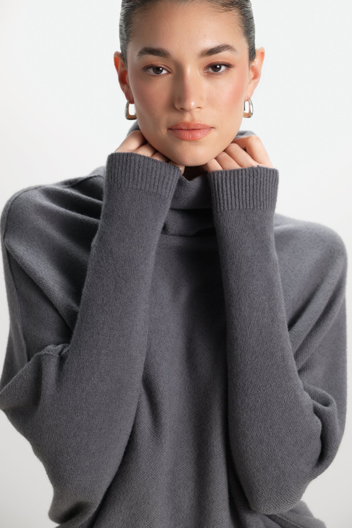 Women's Charcoal Asymmetric Draped Roll-Neck Knit Top