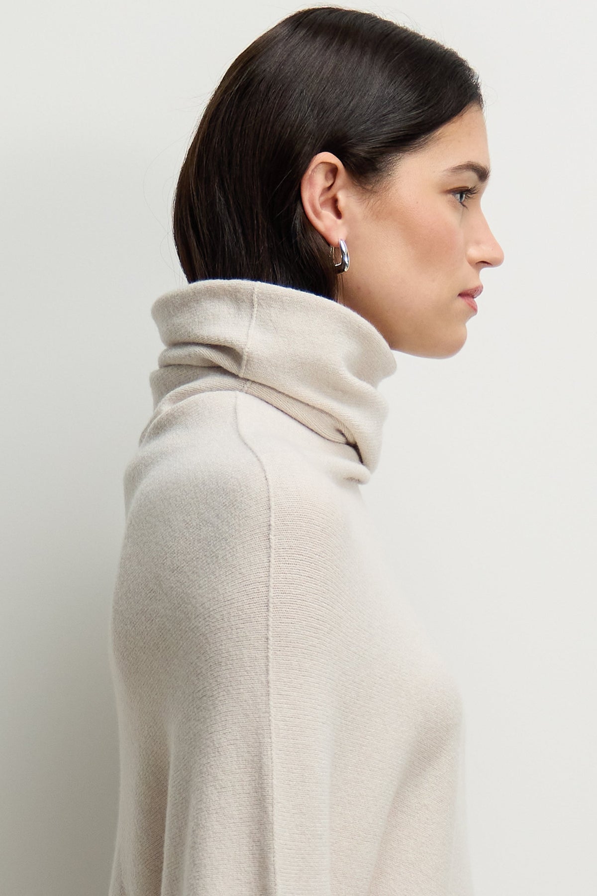 Women's Light Beige Roll Neck Top, Asymmetrical Draped Seamless Knit