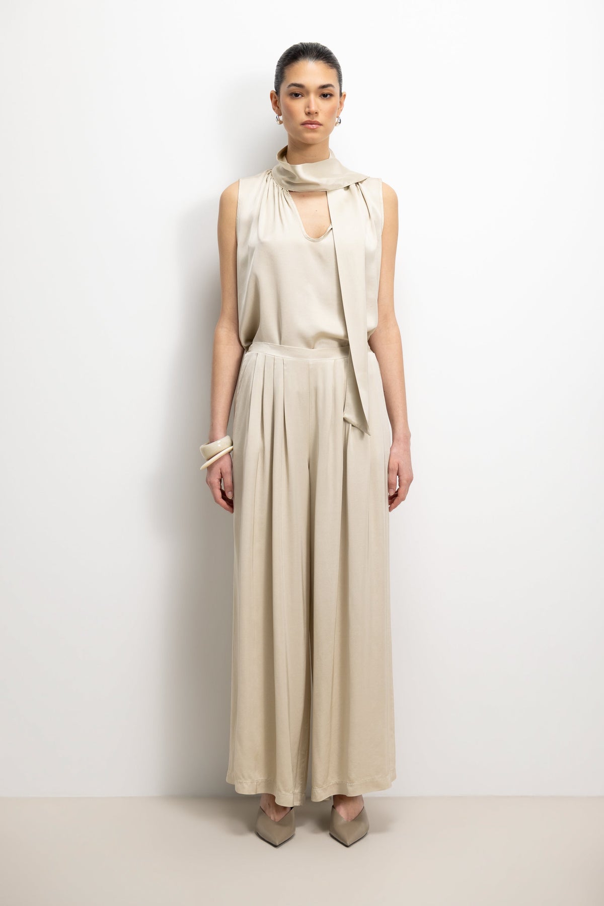 Women’s Honey Satin Pleated Trousers with Elastic Waist