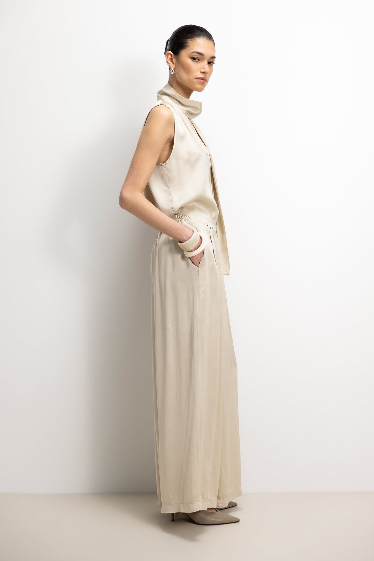 Women’s Honey Satin Pleated Trousers with Elastic Waist