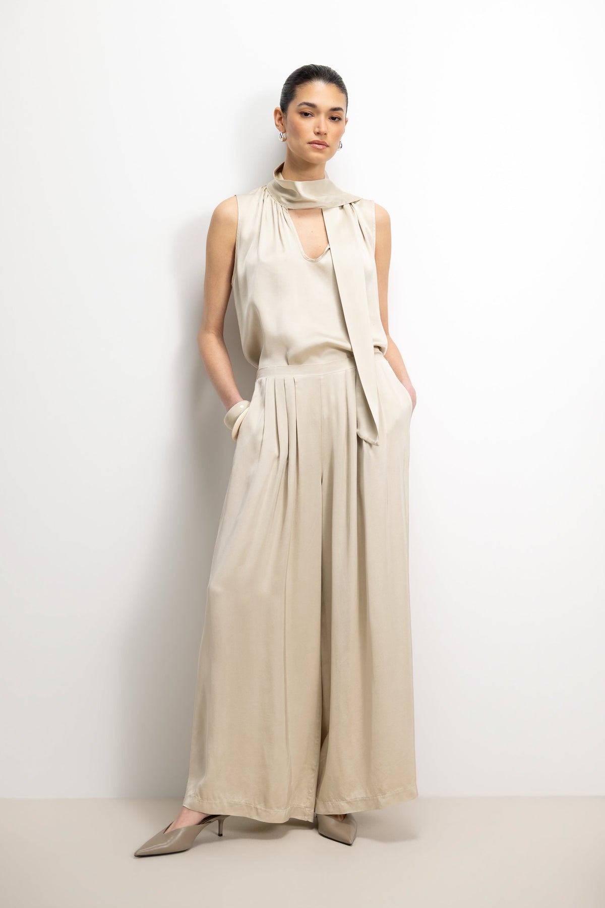 Women’s Honey Satin Pleated Trousers with Elastic Waist