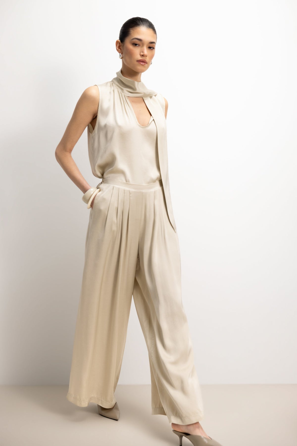 Women’s Honey Satin Pleated Trousers with Elastic Waist