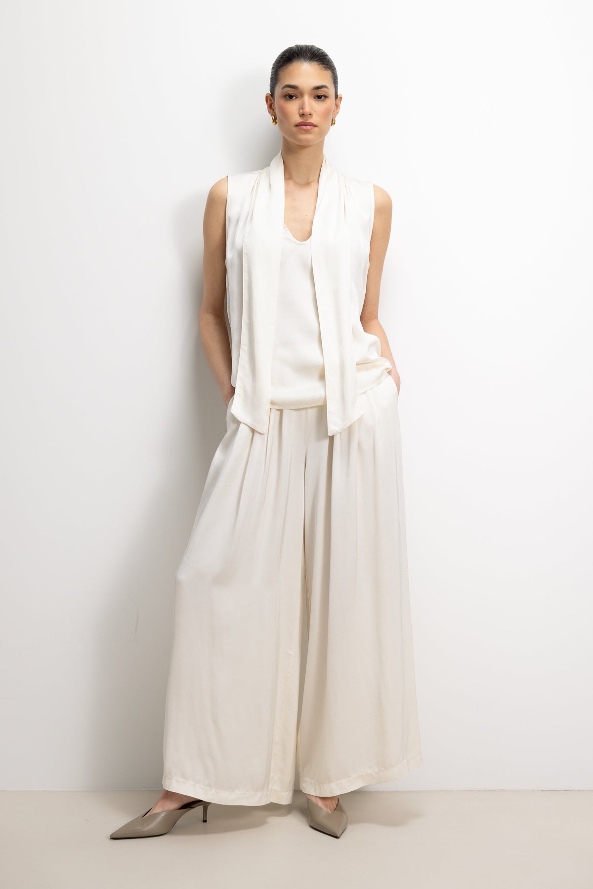 Women’s Ivory Satin Pleated Trousers with Elastic Waist