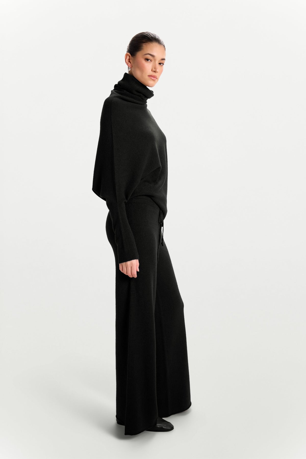 Women's Black Roll Neck Top, Asymmetrical Draped Seamless Knit