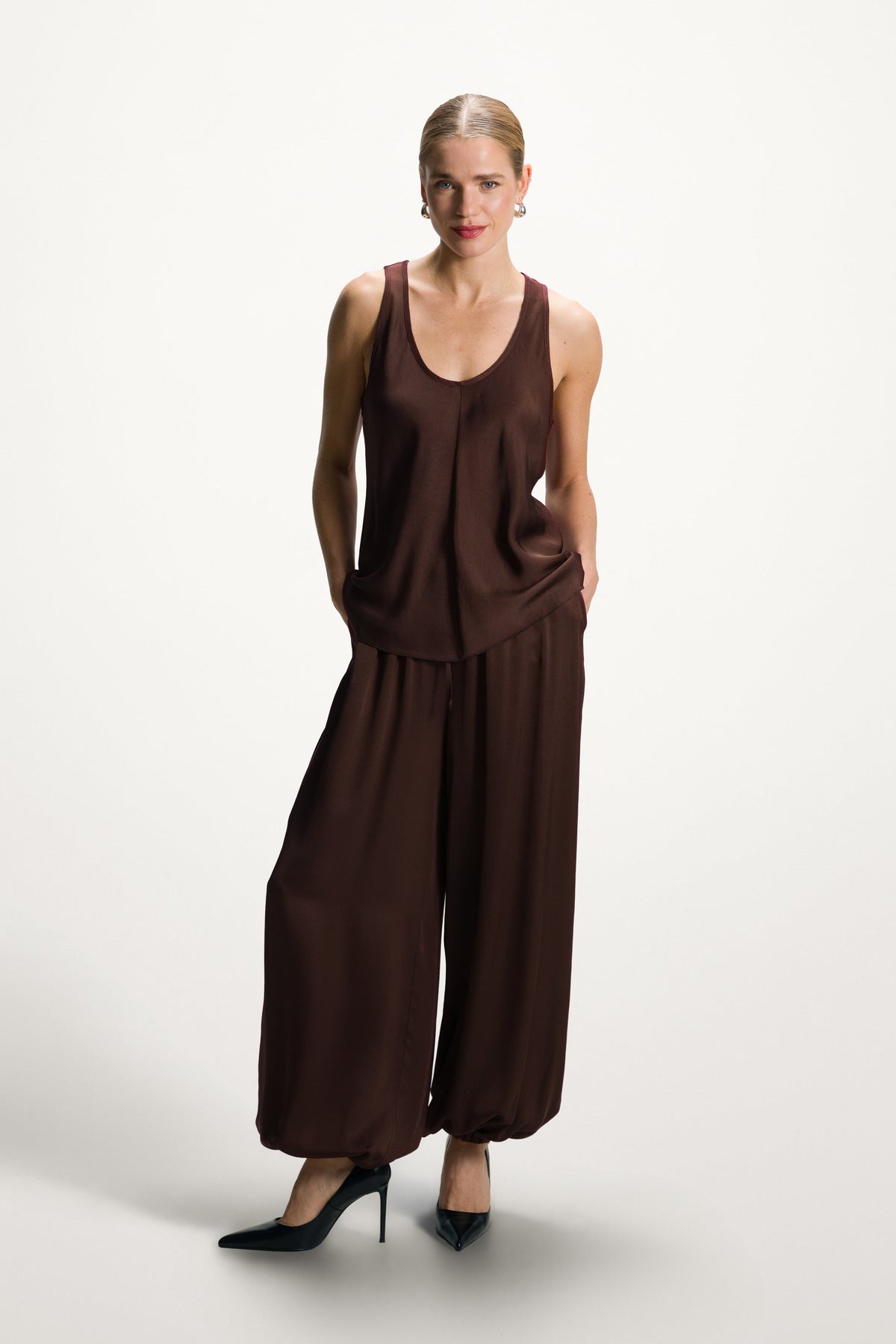 Women’s Espresso Brown Balloon Satin Trousers