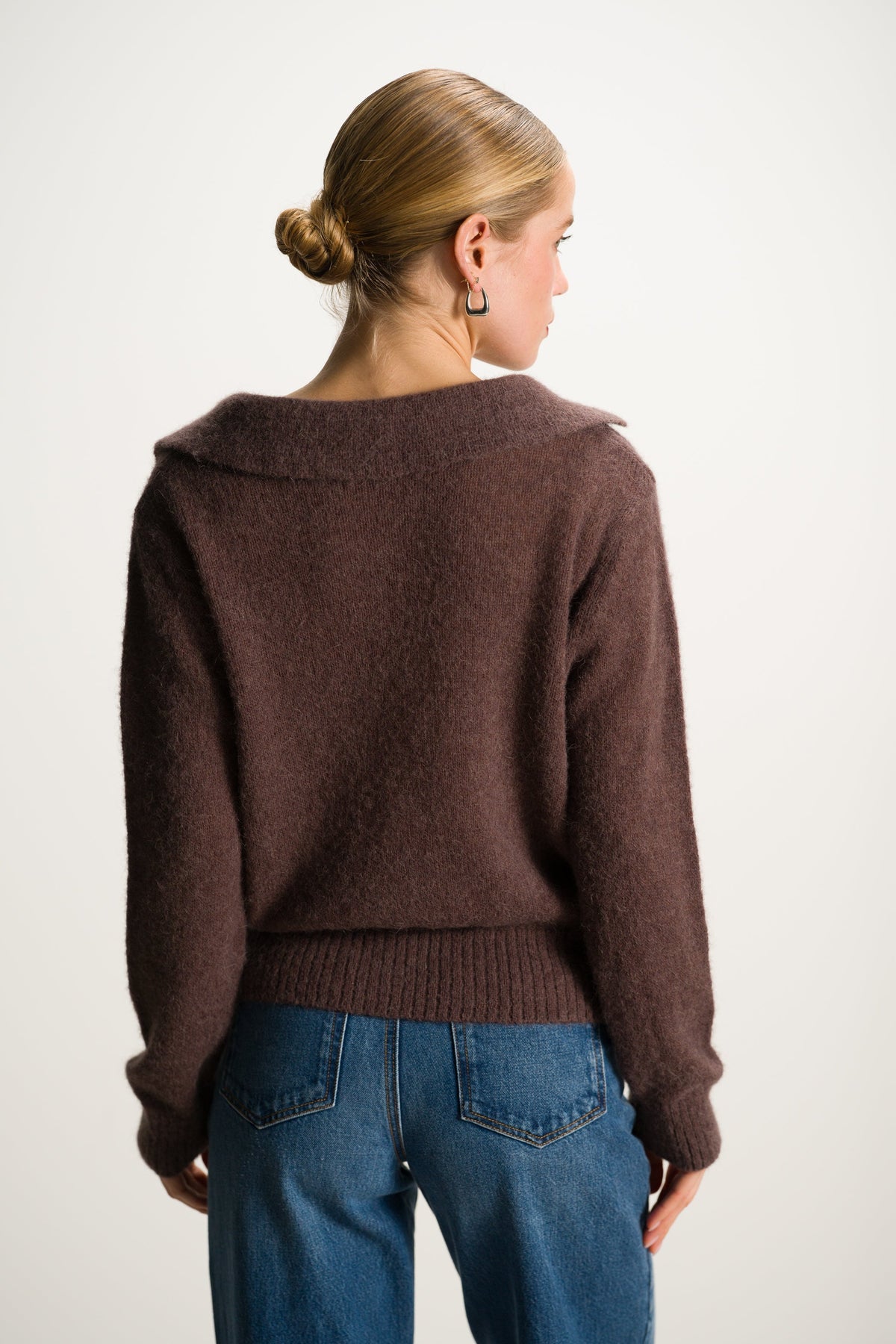 Women's Chocolate Brown Open Neck Sweater, Alpaca Blend Knitwear