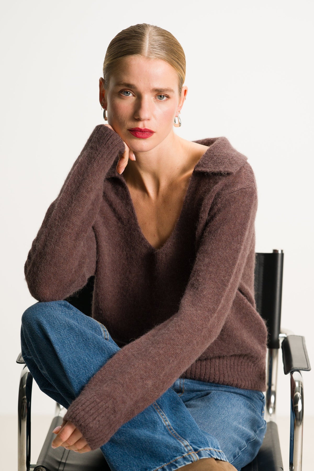 Women's Chocolate Brown Open Neck Sweater, Alpaca Blend Knitwear