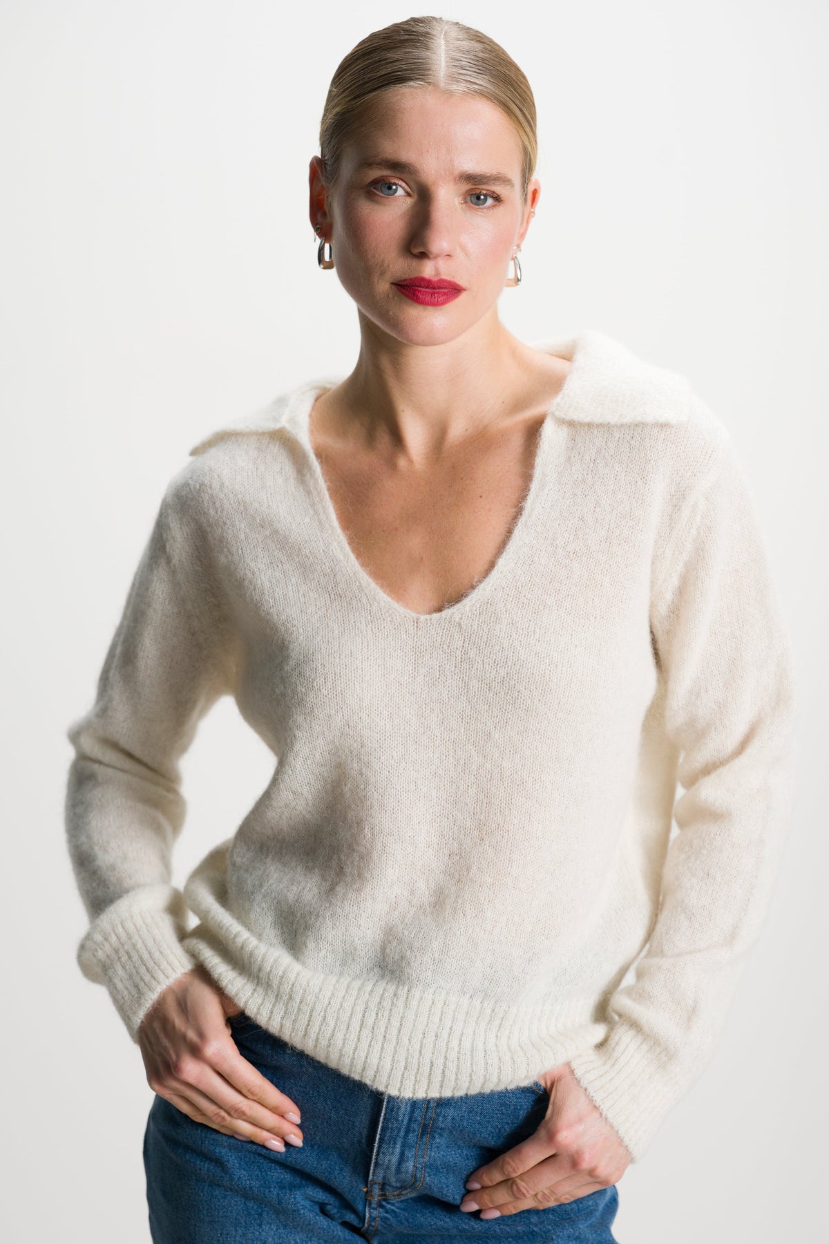 Women's Ivory Open Neck Sweater, Alpaca Blend Knitwear