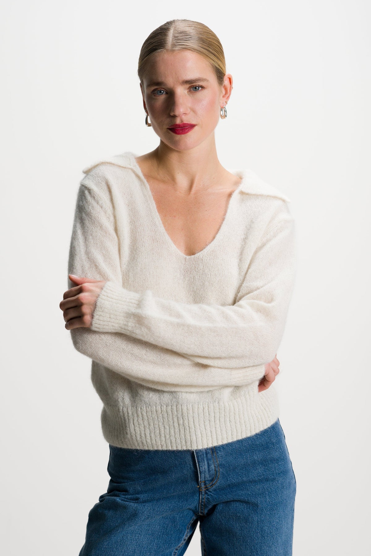 Women's Ivory Open Neck Sweater, Alpaca Blend Knitwear