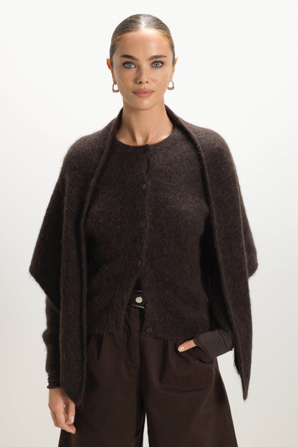 Women's Button-Up Cardigan Espresso Brown Alpaca-Wool Blend