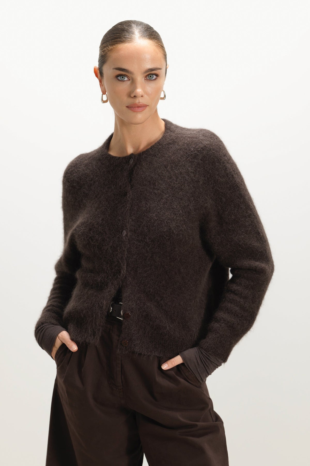 Women's Button-Up Cardigan Espresso Brown Alpaca-Wool Blend