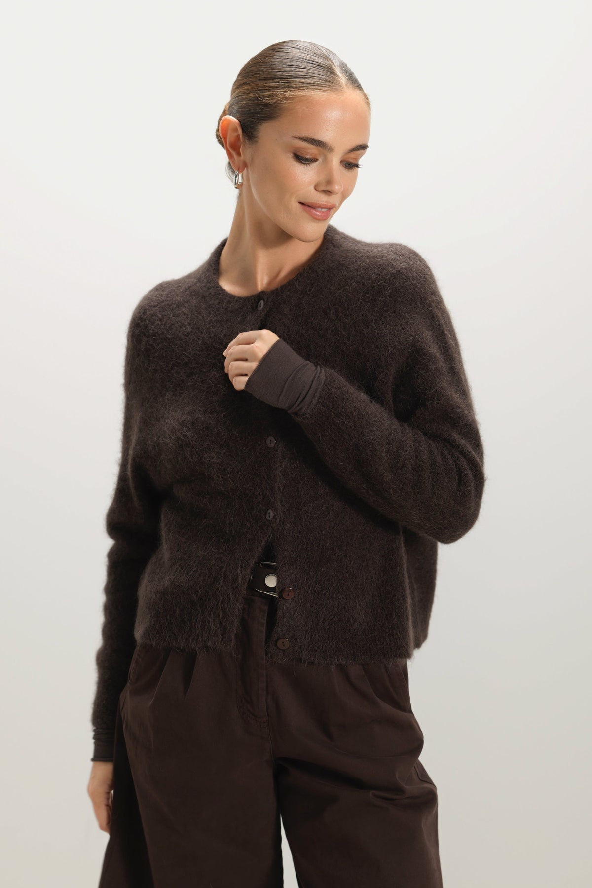 Women's Button-Up Cardigan Espresso Brown Alpaca-Wool Blend