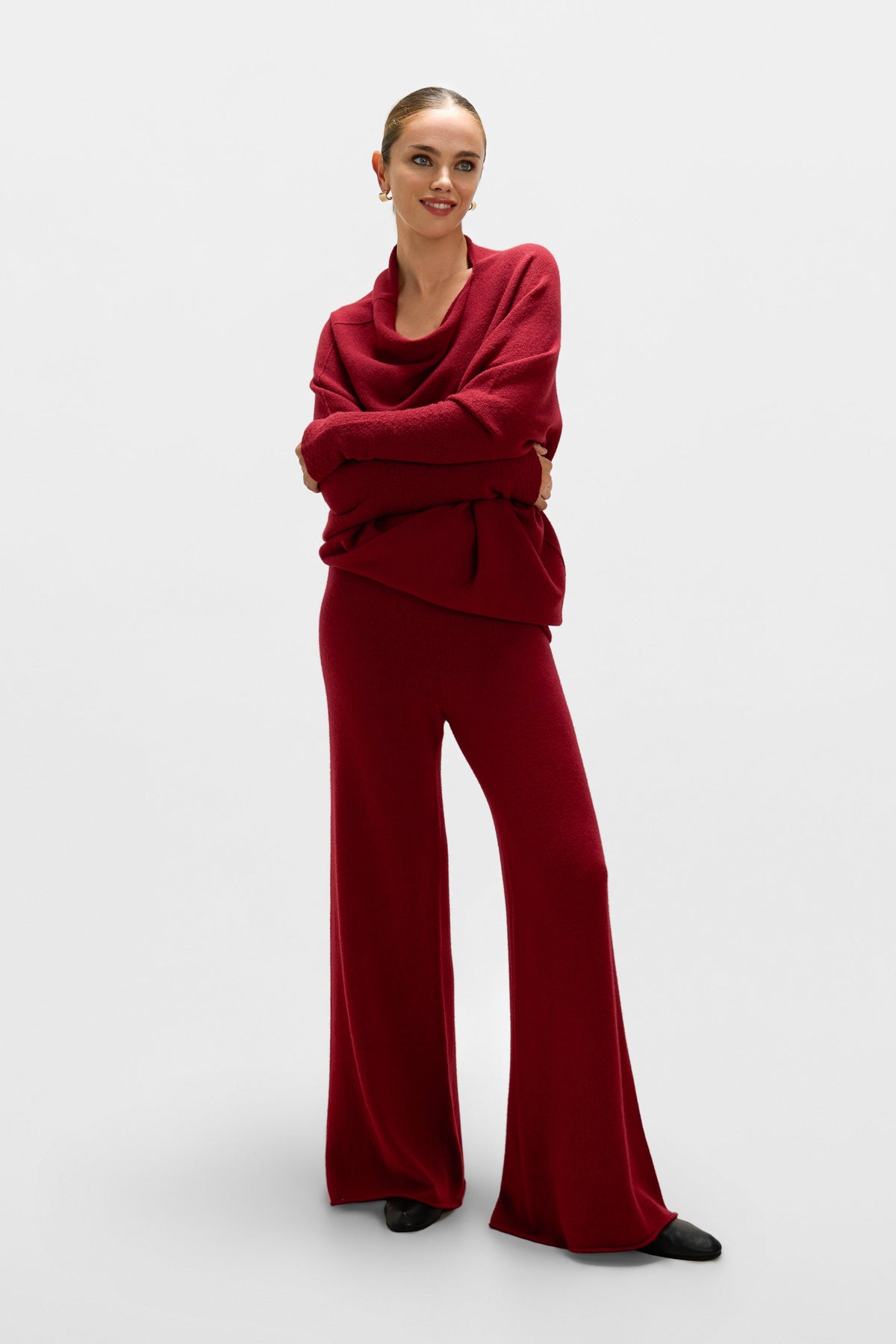 Women's Carmine Red Asymmetrical Draped Seamless Knit Top