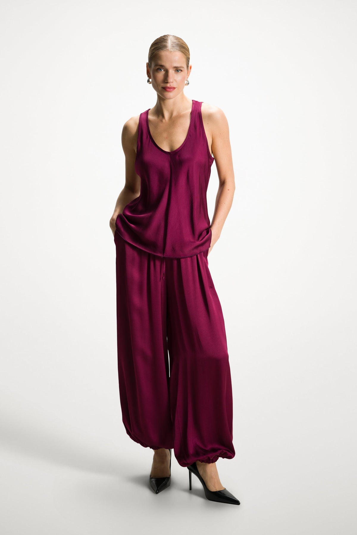 Women’s Burgundy Balloon Satin Trousers