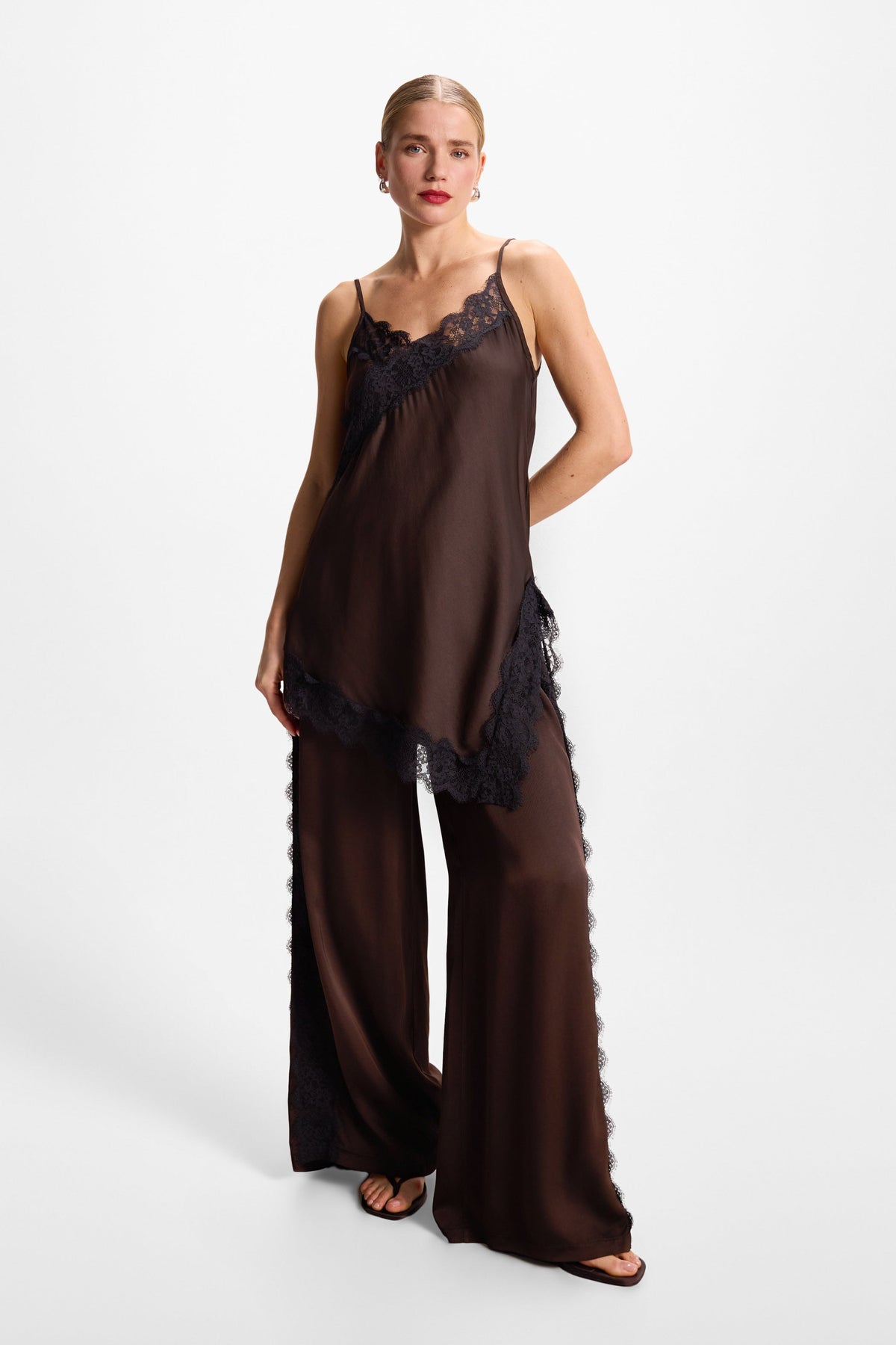 Women’s Espresso Brown Satin Trousers with Lace Detail