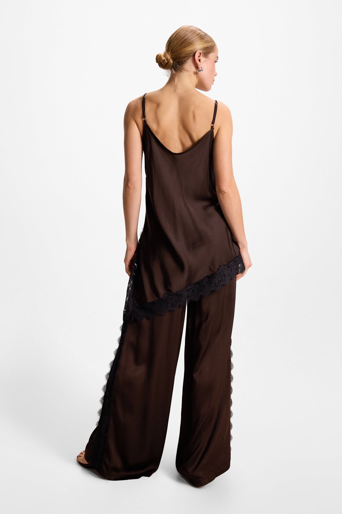 Women’s Espresso Brown Satin Trousers with Lace Detail