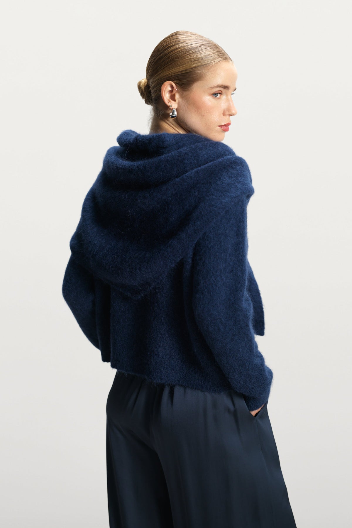 Women's Button-Up Cardigan Navy Blue Alpaca-Wool Blend