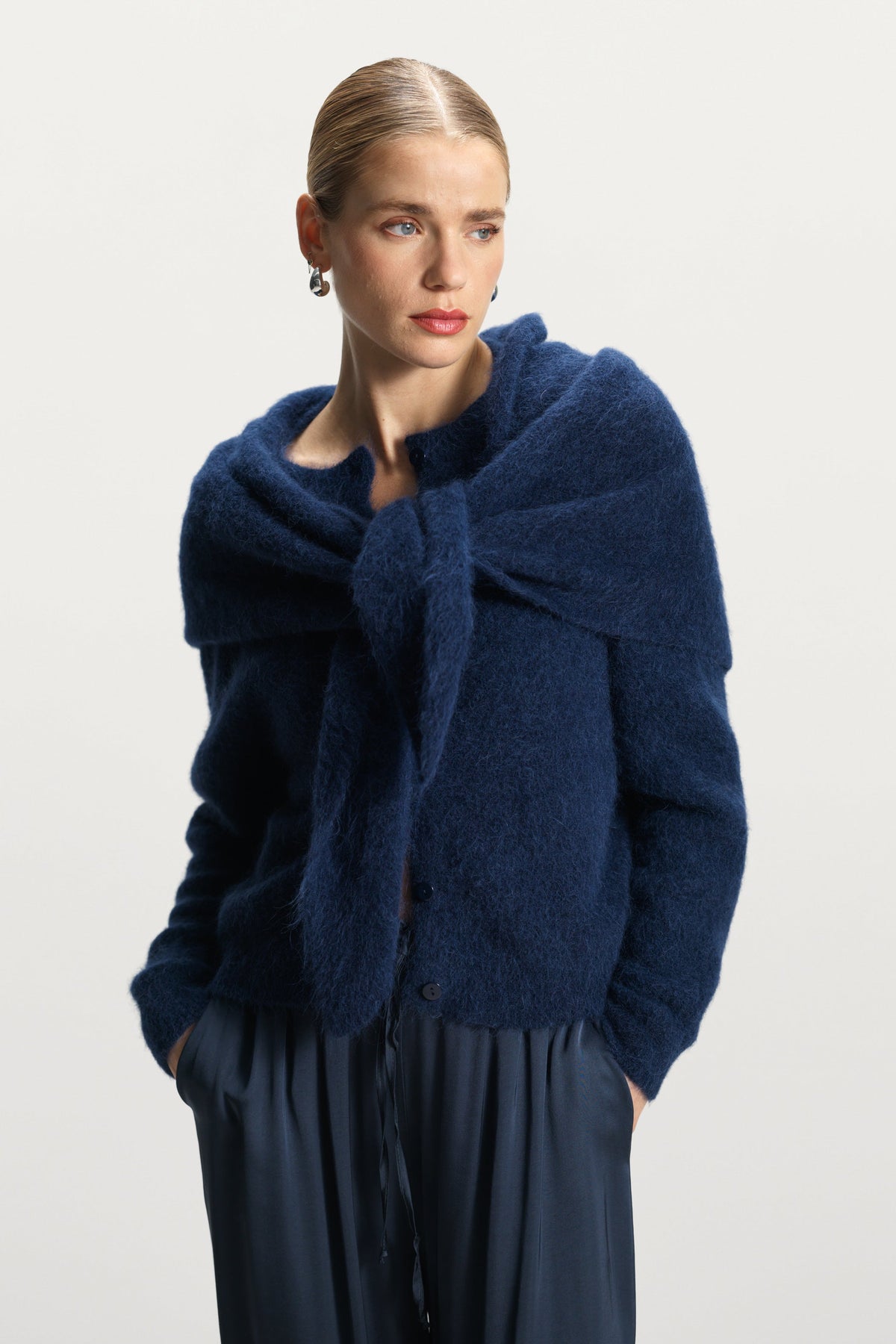 Women's Button-Up Cardigan Navy Blue Alpaca-Wool Blend