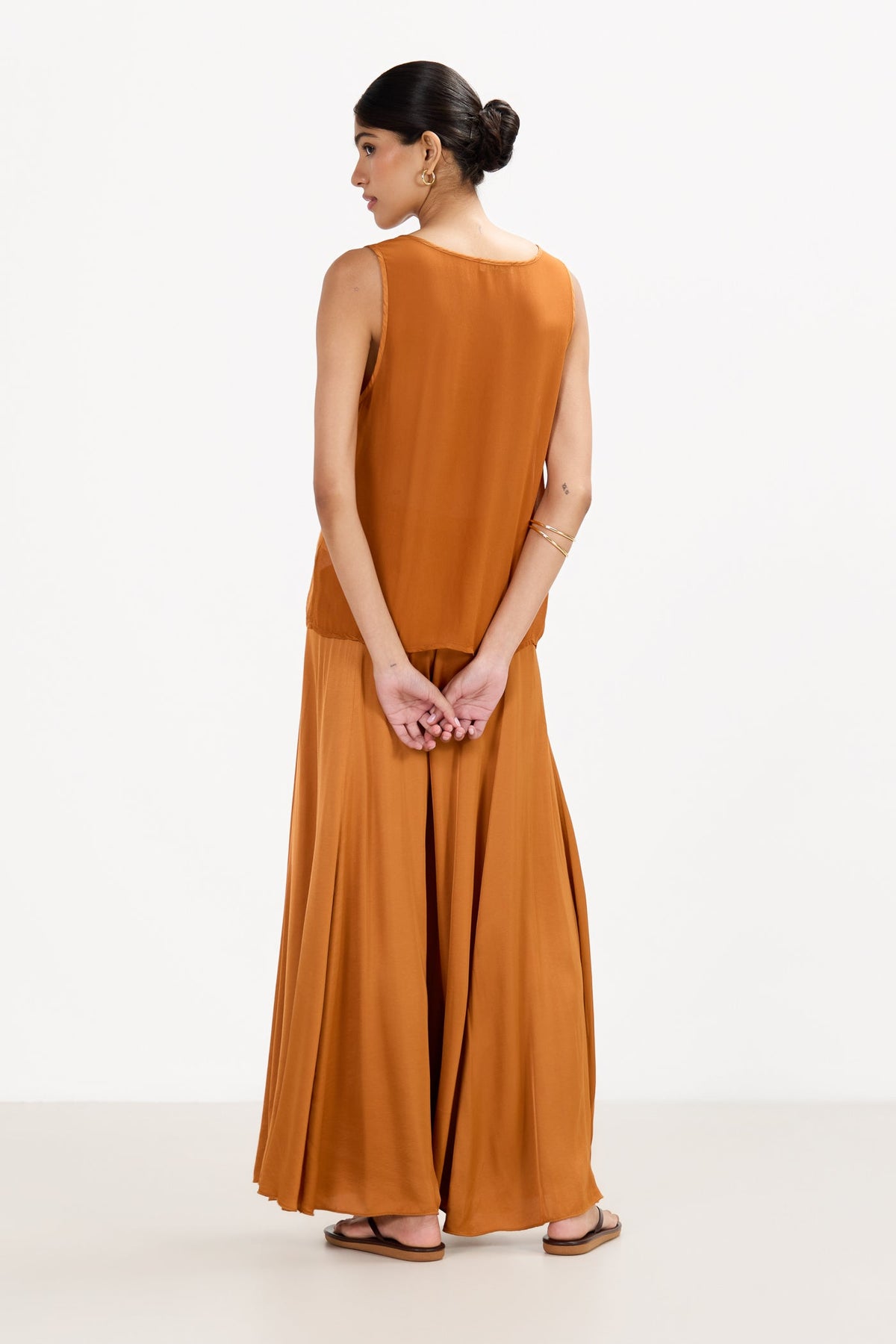 Women's V-Neck Satin Top in Sunset Orange with Sheer Back