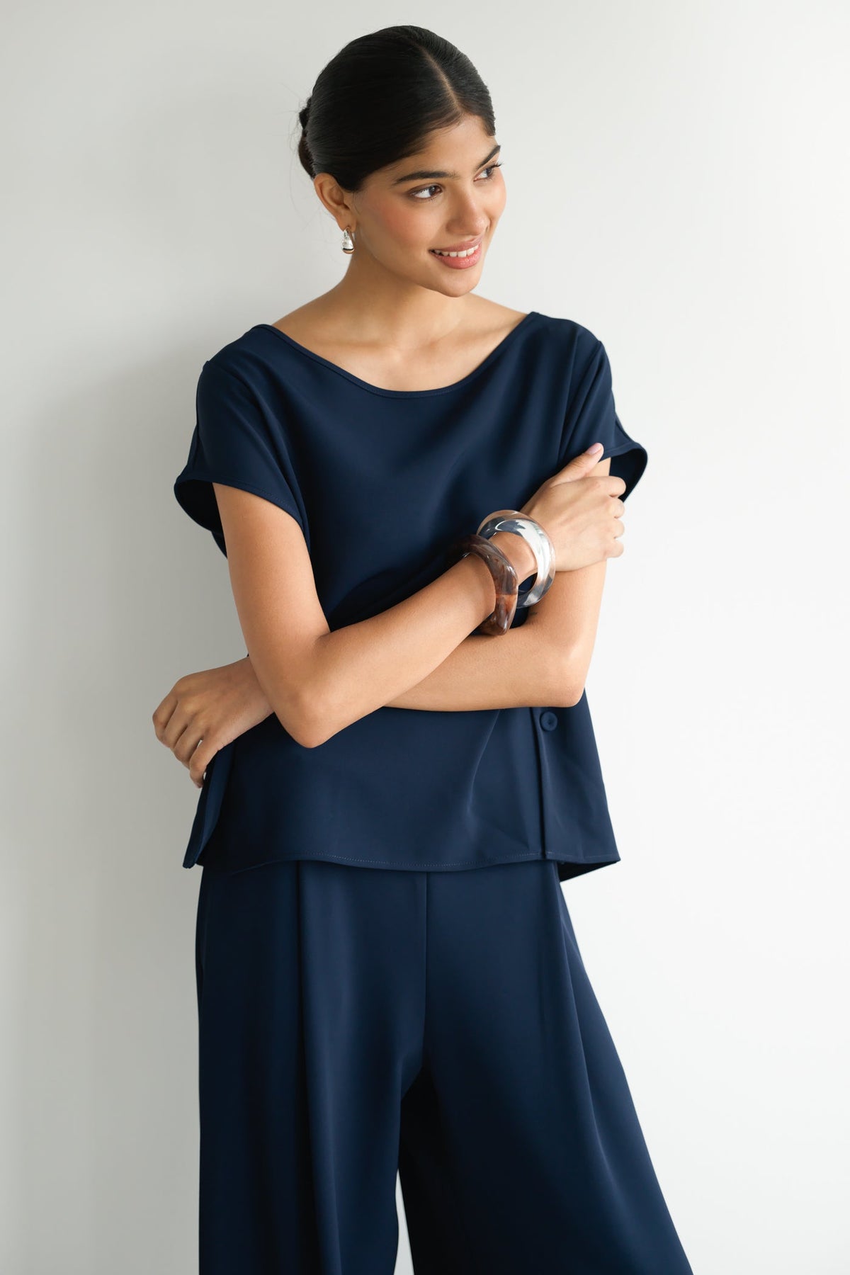 Women's Button-Front Top in Navy Blue