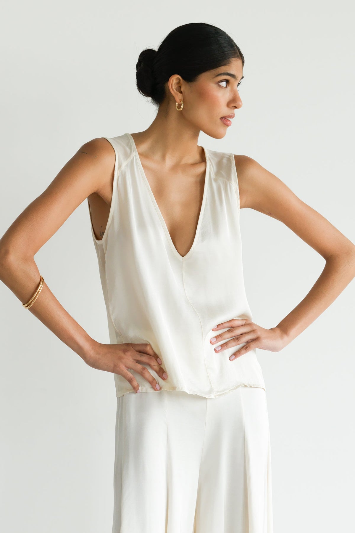Women's V-Neck Satin Top in Ivory with Sheer Back
