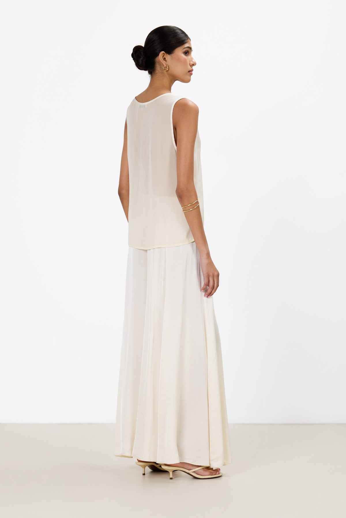 Women's V-Neck Satin Top in Ivory with Sheer Back