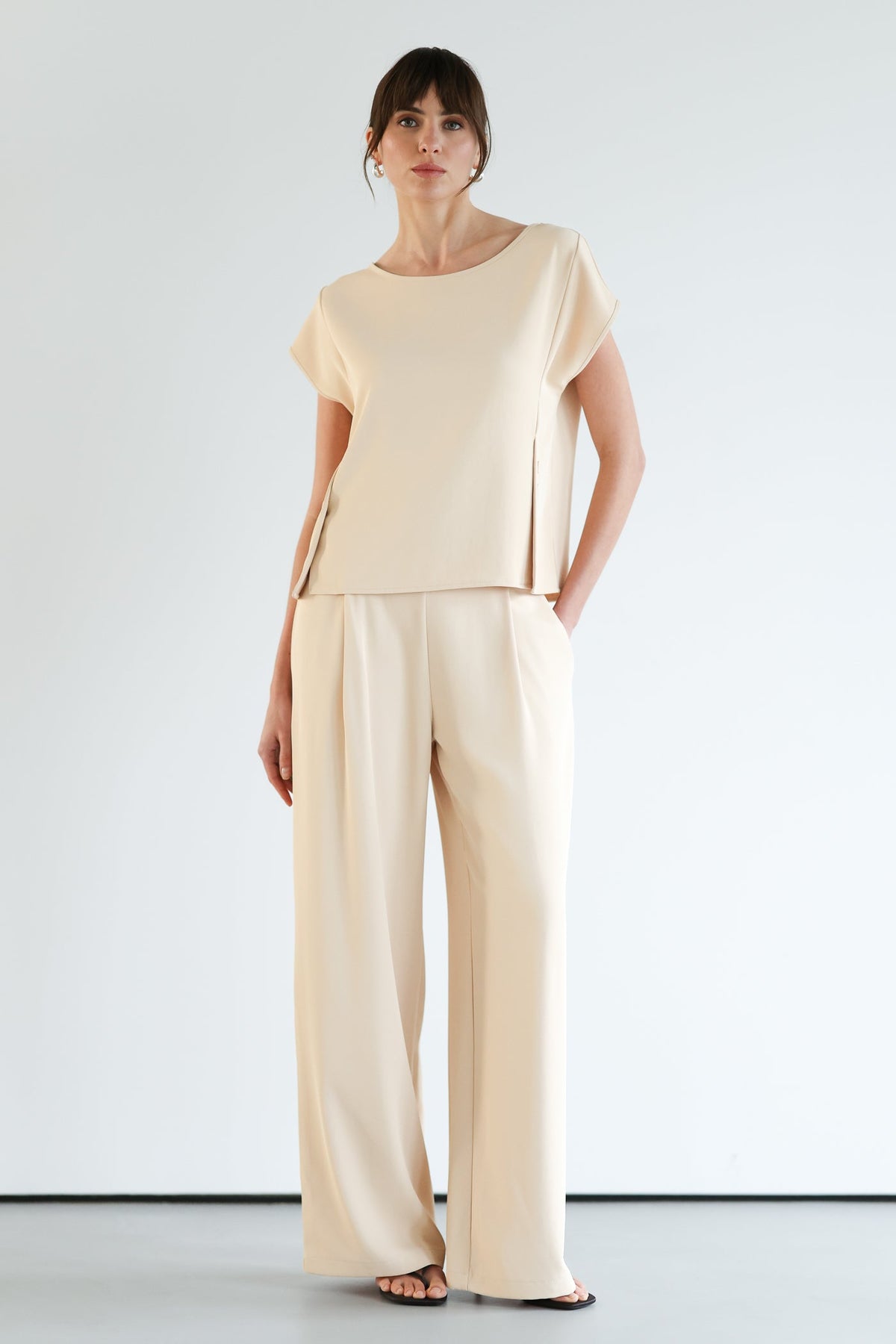 Women's Button-Front Top in Almond Beige