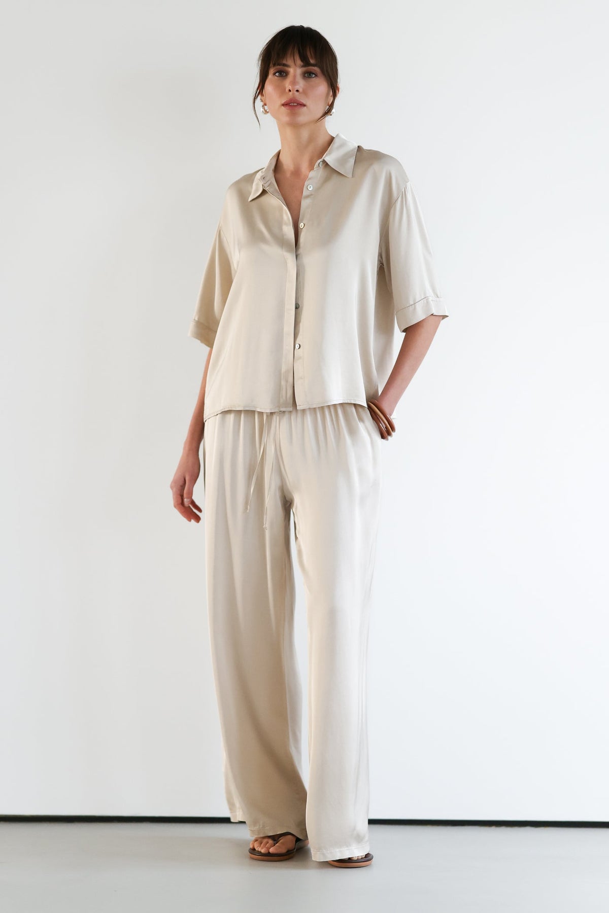 Women’s Light Beige Satin Pants with Drawstring Waist