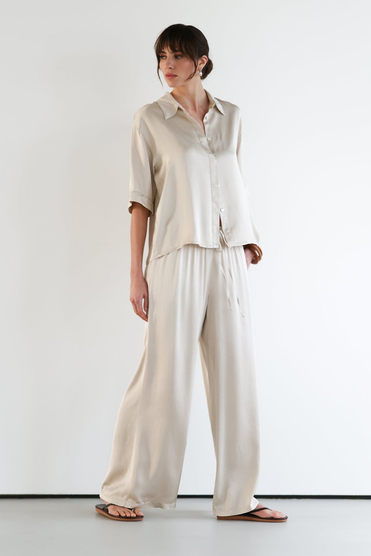 Women’s Light Beige Satin Pants with Drawstring Waist