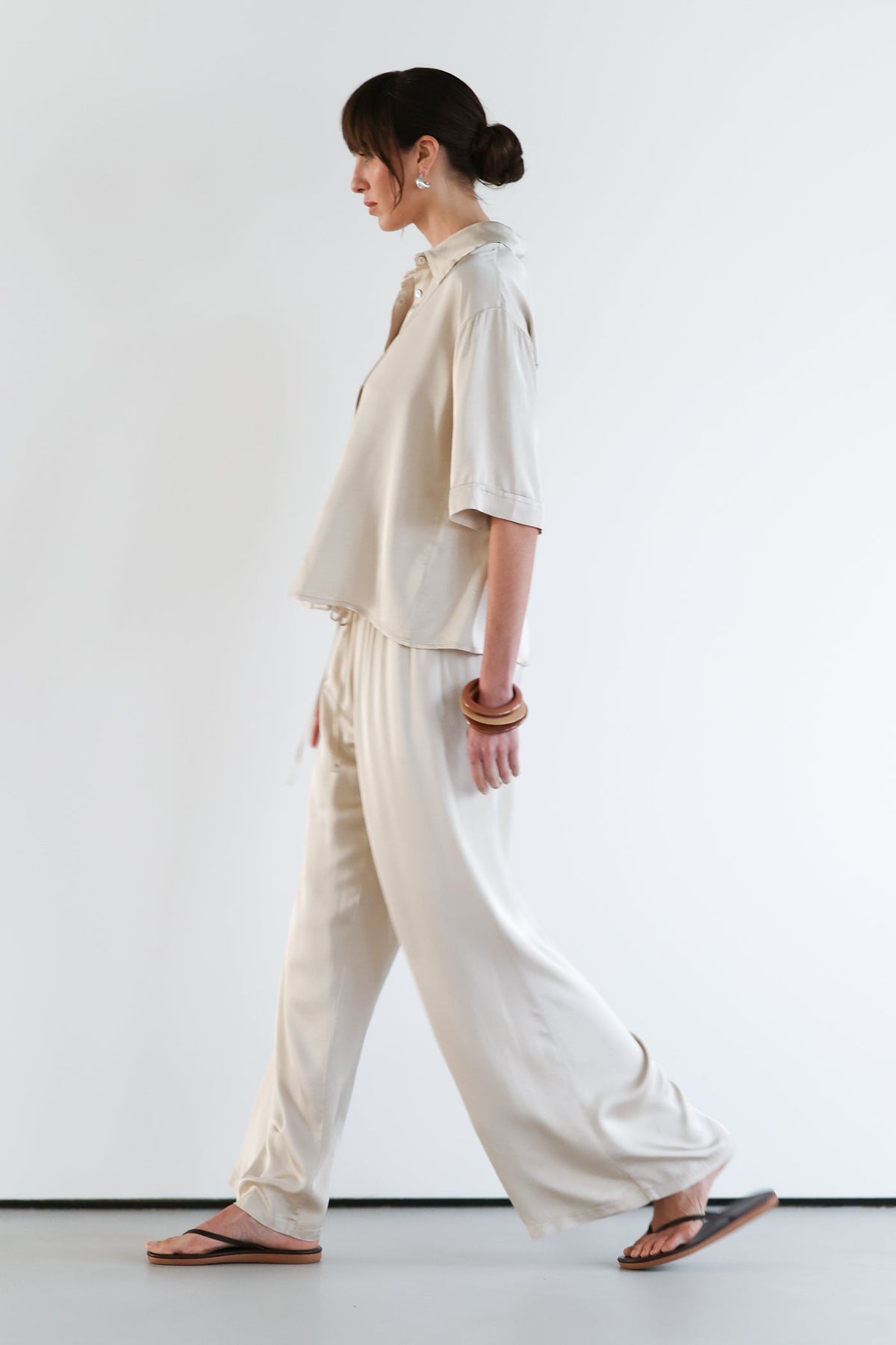 Women’s Light Beige Satin Pants with Drawstring Waist