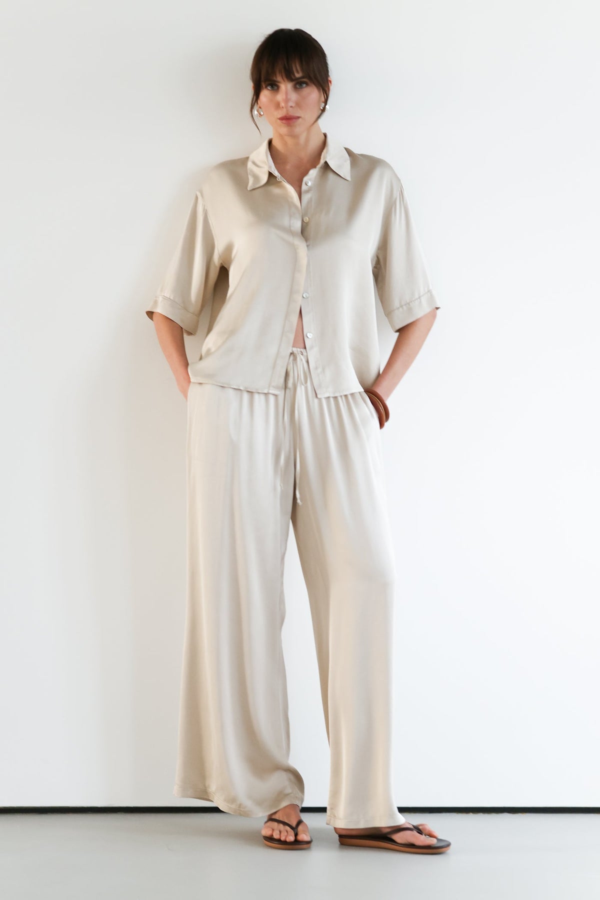 Women’s Light Beige Satin Pants with Drawstring Waist