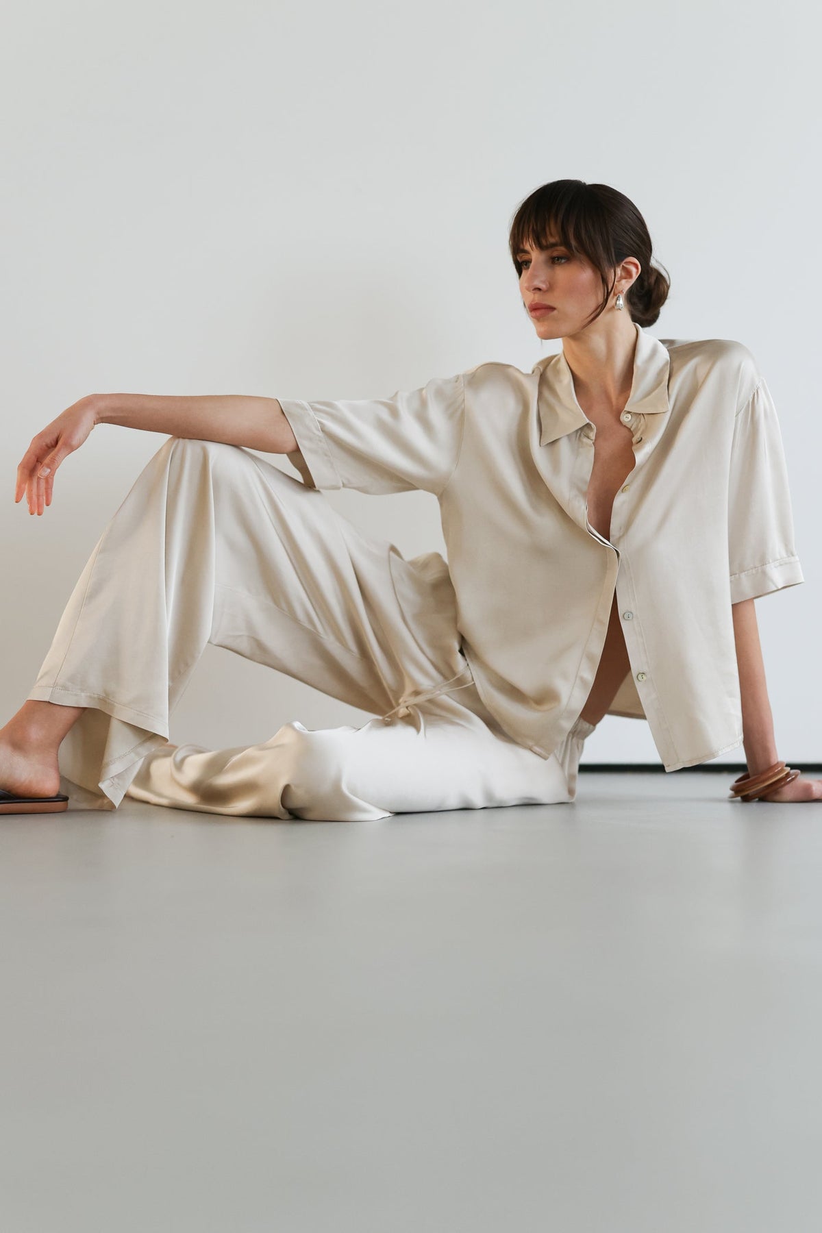 Women’s Light Beige Satin Pants with Drawstring Waist