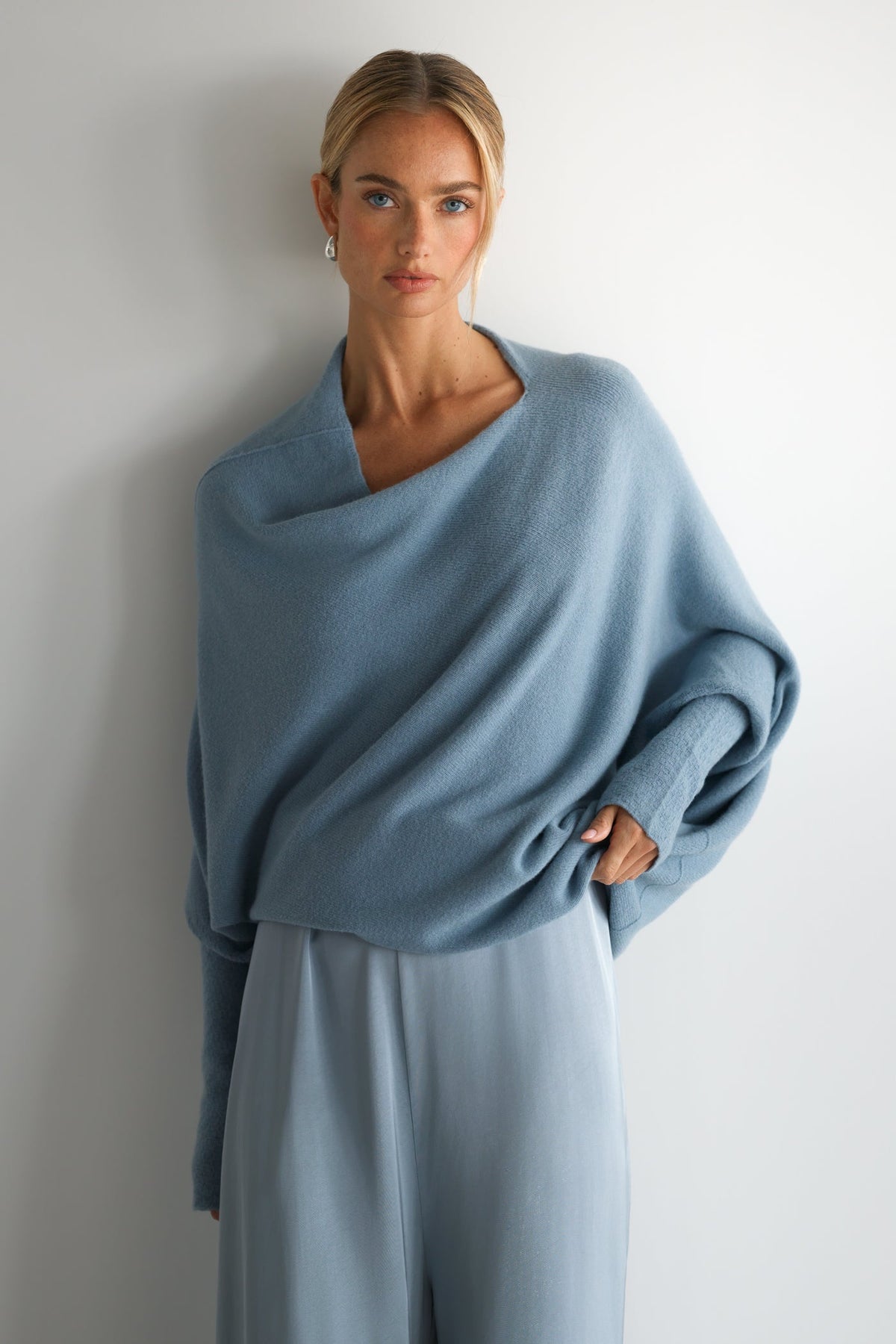Women's Dusty Blue Asymmetrical Draped Seamless Knit Top