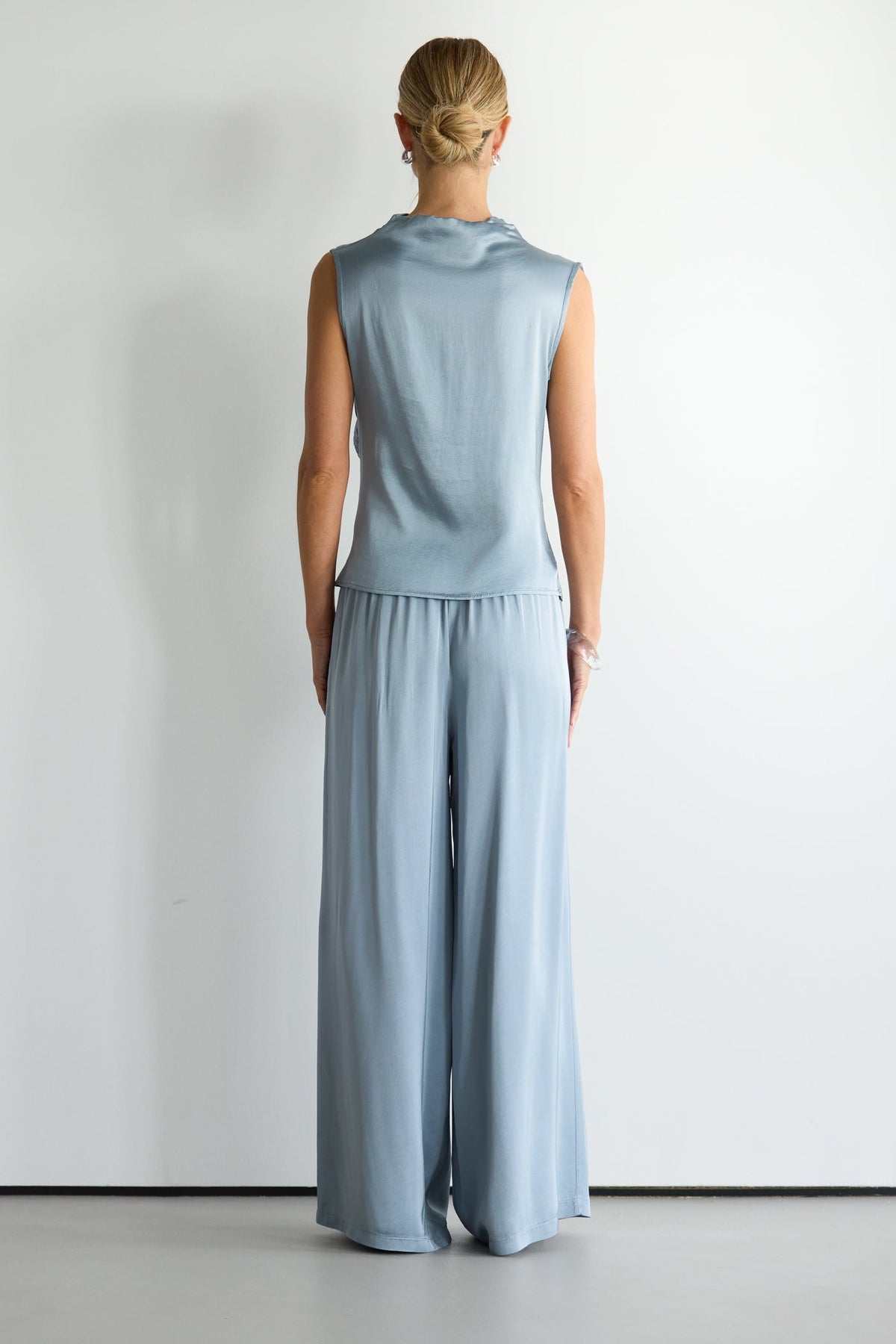 Women's Draped Satin Sleeveless Top in Dusty Blue