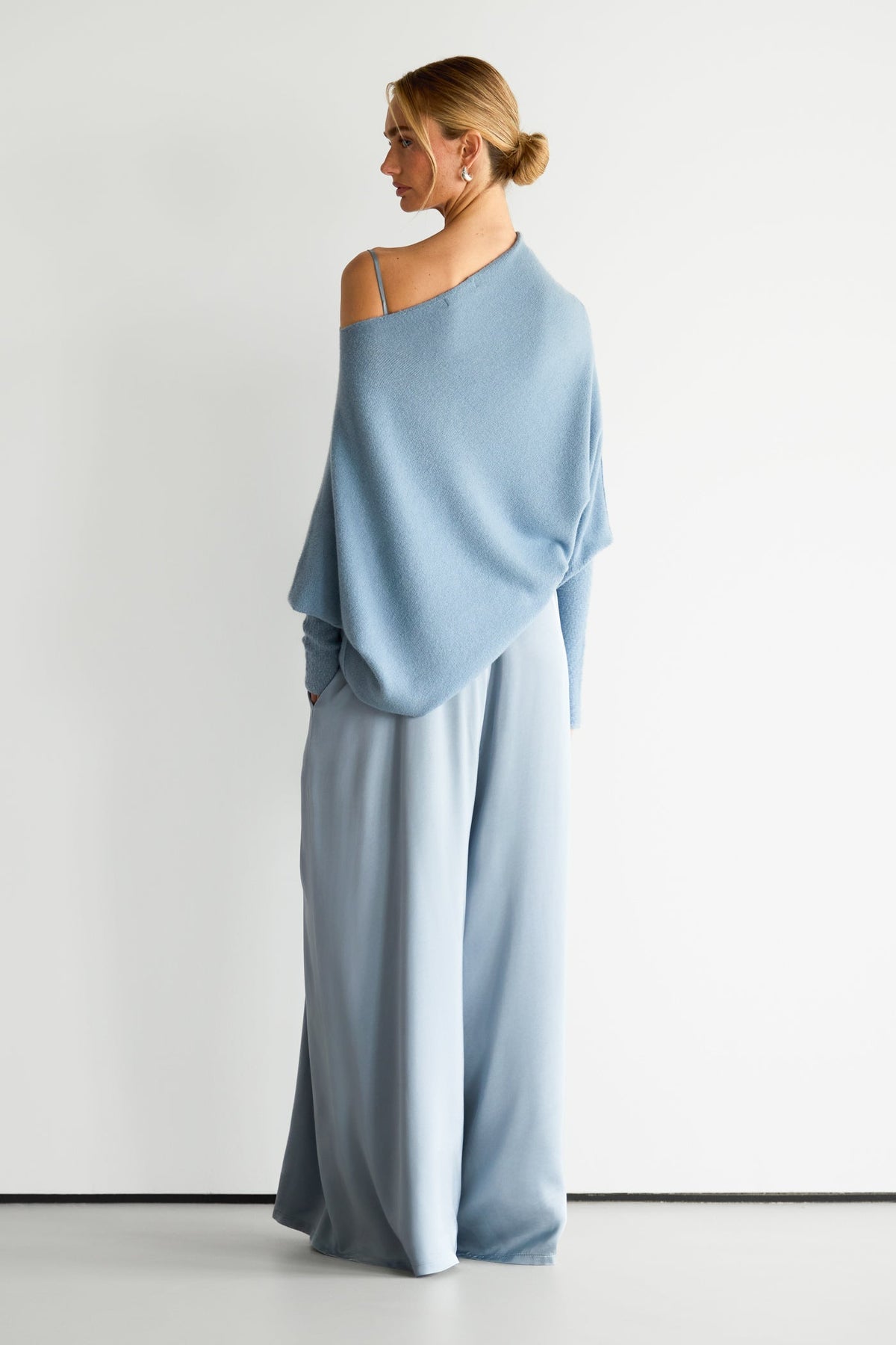 Women's Dusty Blue Asymmetrical Draped Seamless Knit Top