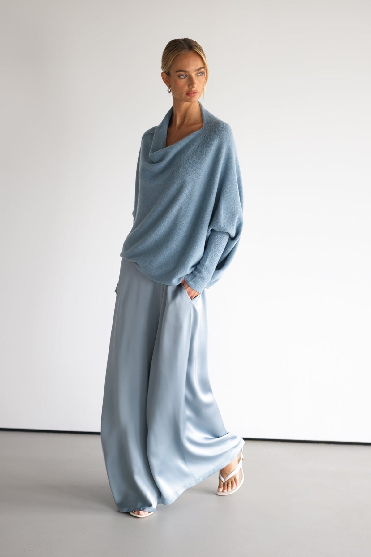 Women's Dusty Blue Asymmetrical Draped Seamless Knit Top
