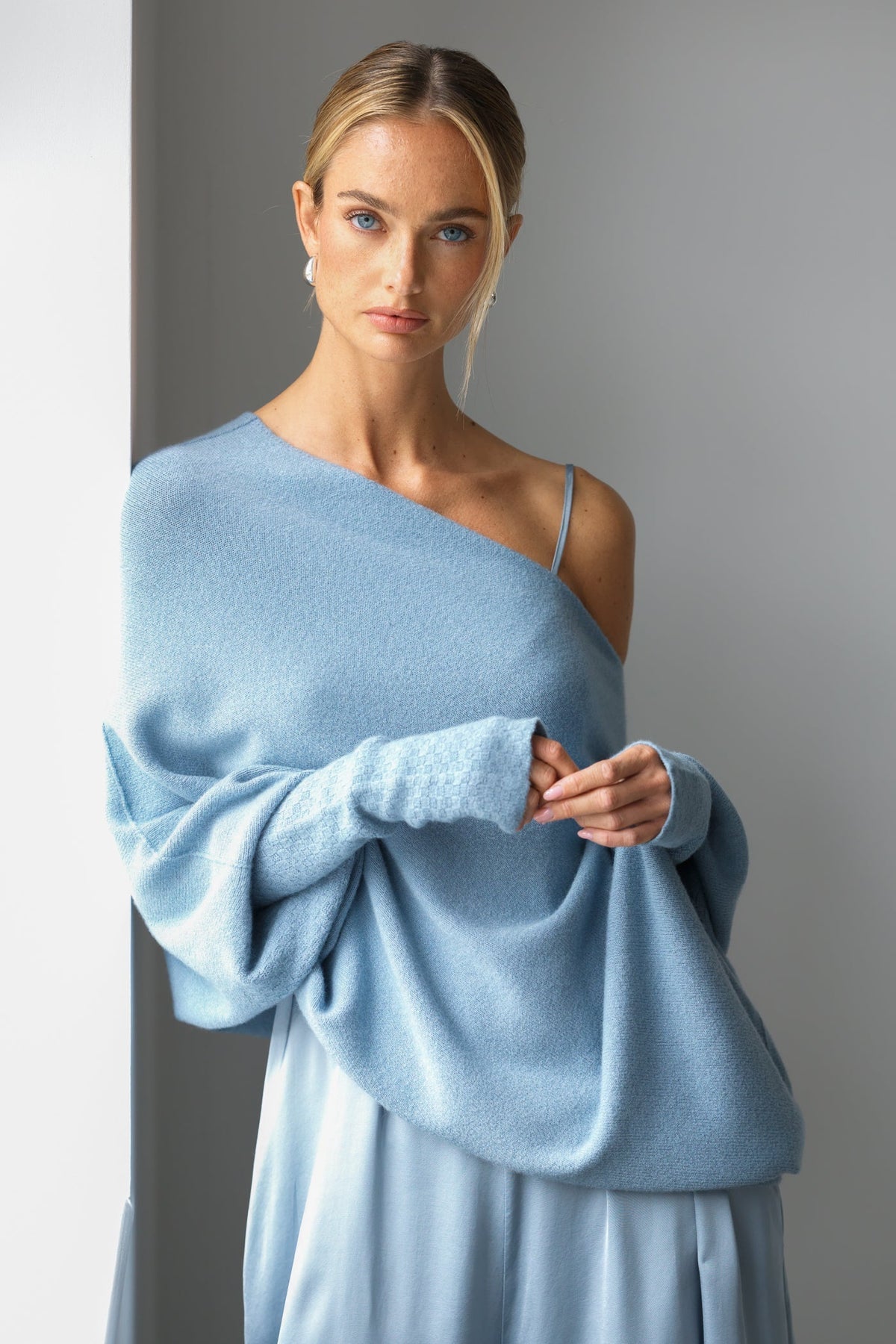 Women's Dusty Blue Asymmetrical Draped Seamless Knit Top