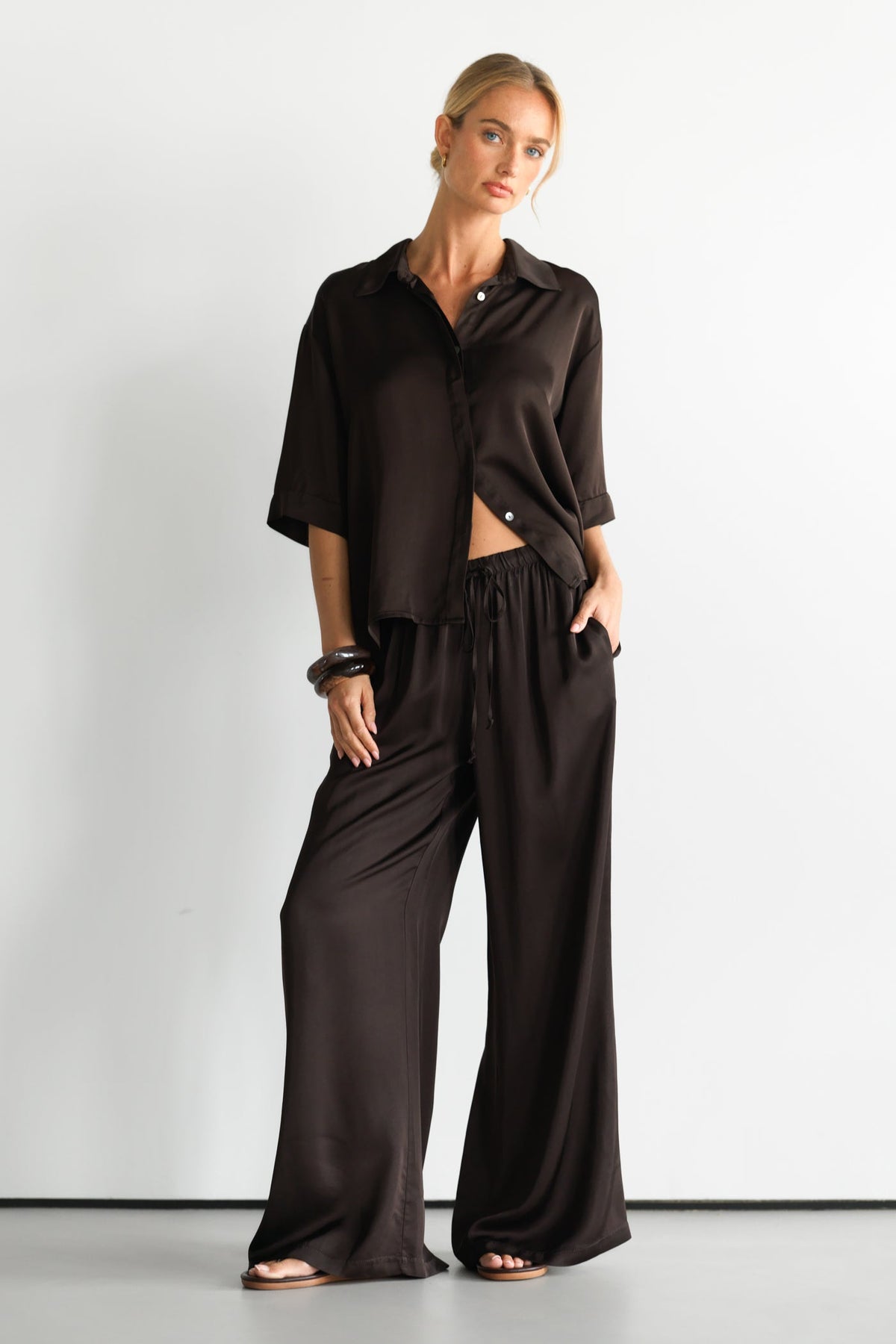 Women’s Espresso Brown Satin Pants with Drawstring Waist