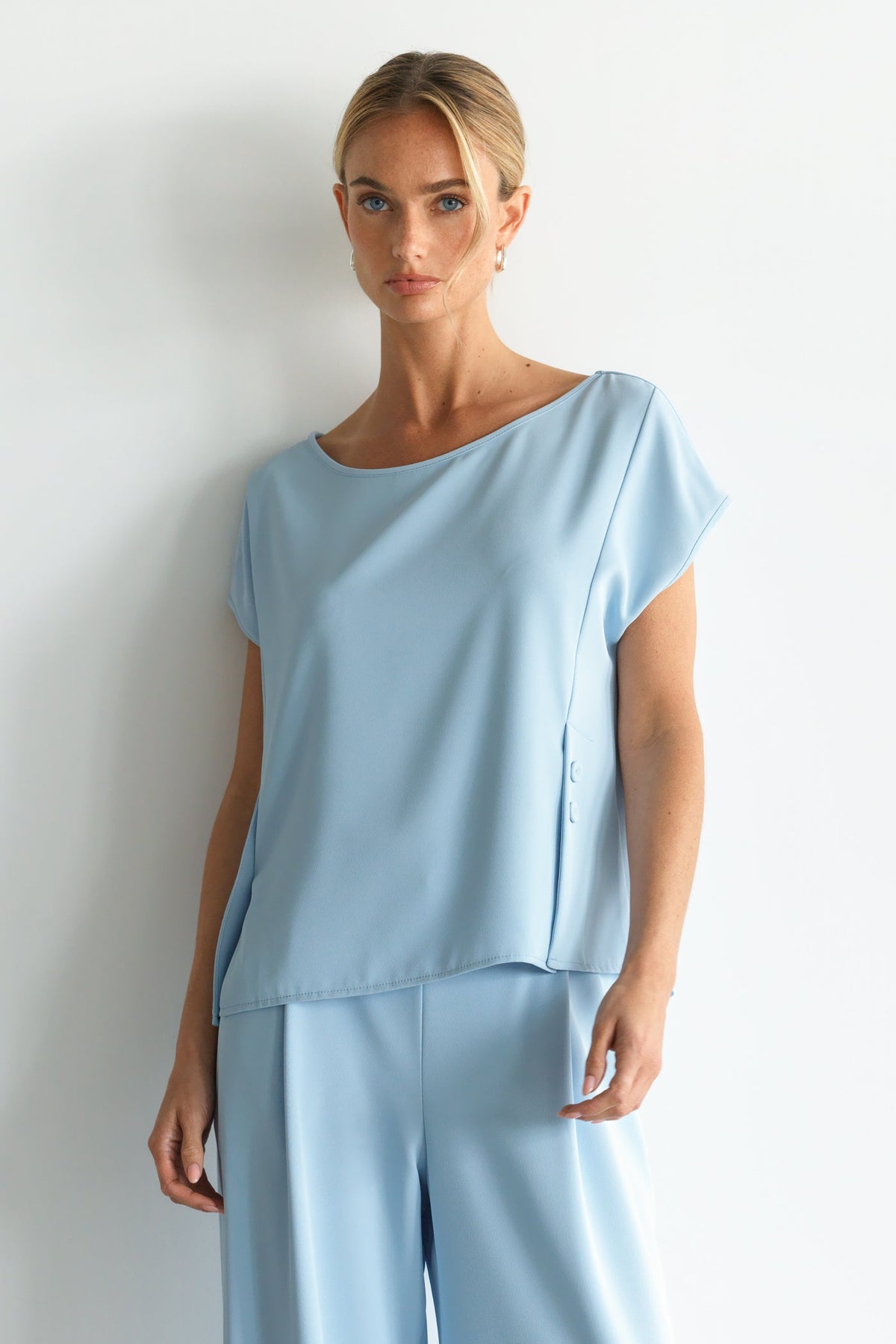 Women's Button-Front Top in Dusty Blue