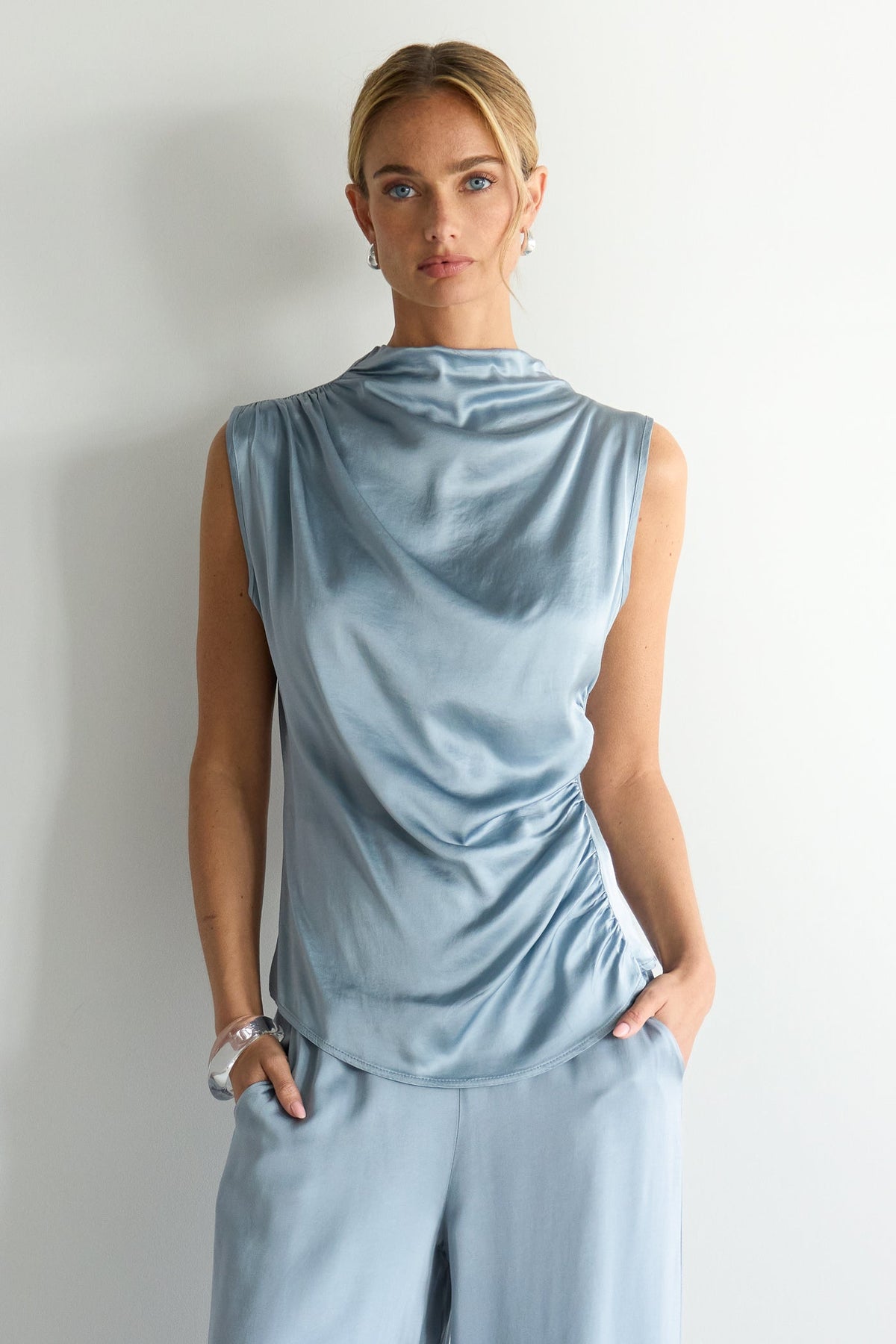 Women's Draped Satin Sleeveless Top in Dusty Blue