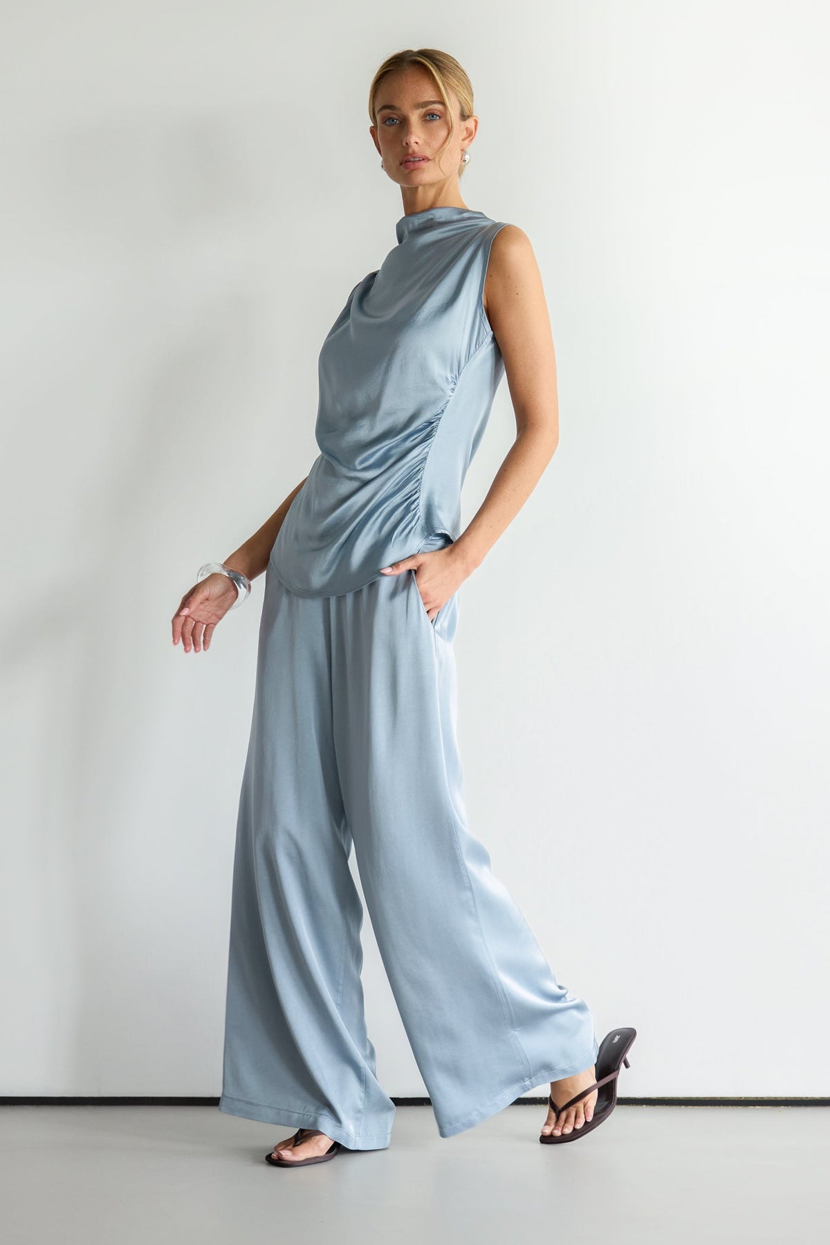 Women's Draped Satin Sleeveless Top in Dusty Blue