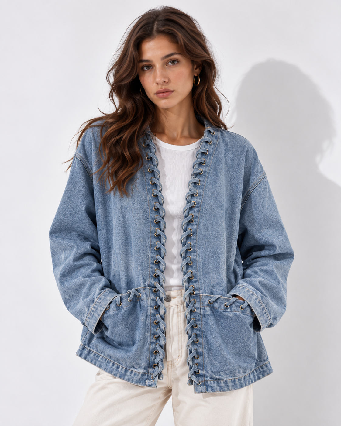 Women’s Loose-Fit Denim Jacket with Tie Waist